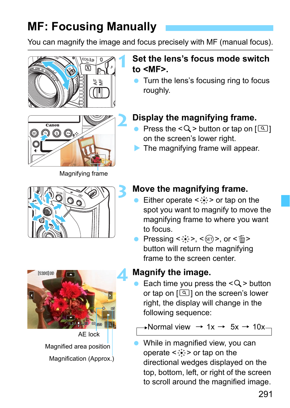 Mf: focusing manually | Canon EOS-1D X Mark II DSLR Camera (Body Only) User Manual | Page 291 / 564