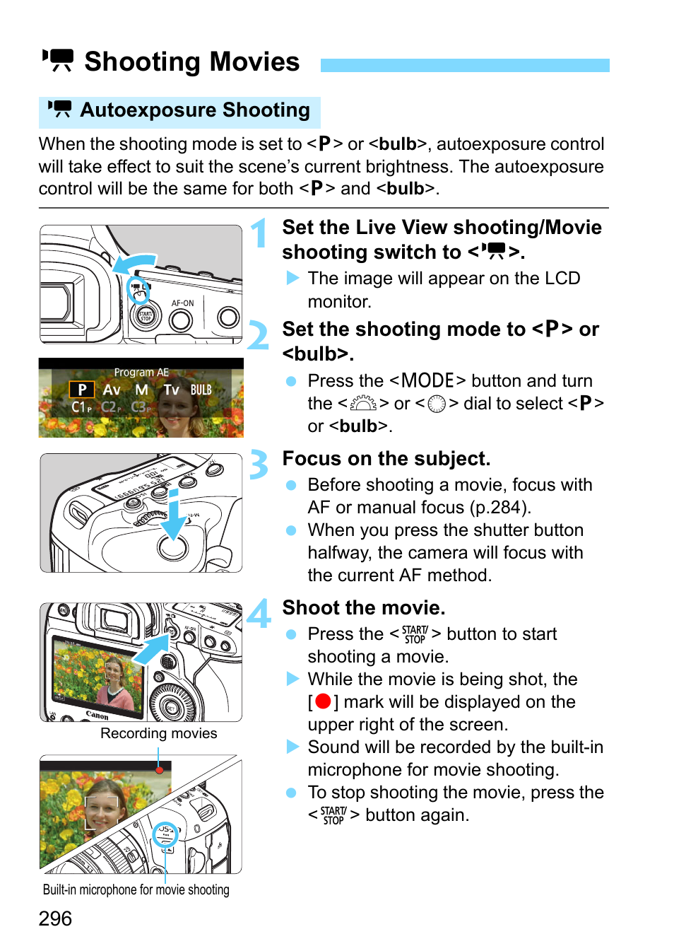 Shooting movies, Autoexposure shooting, Kshooting movies | Canon EOS-1D X Mark II DSLR Camera (Body Only) User Manual | Page 296 / 564