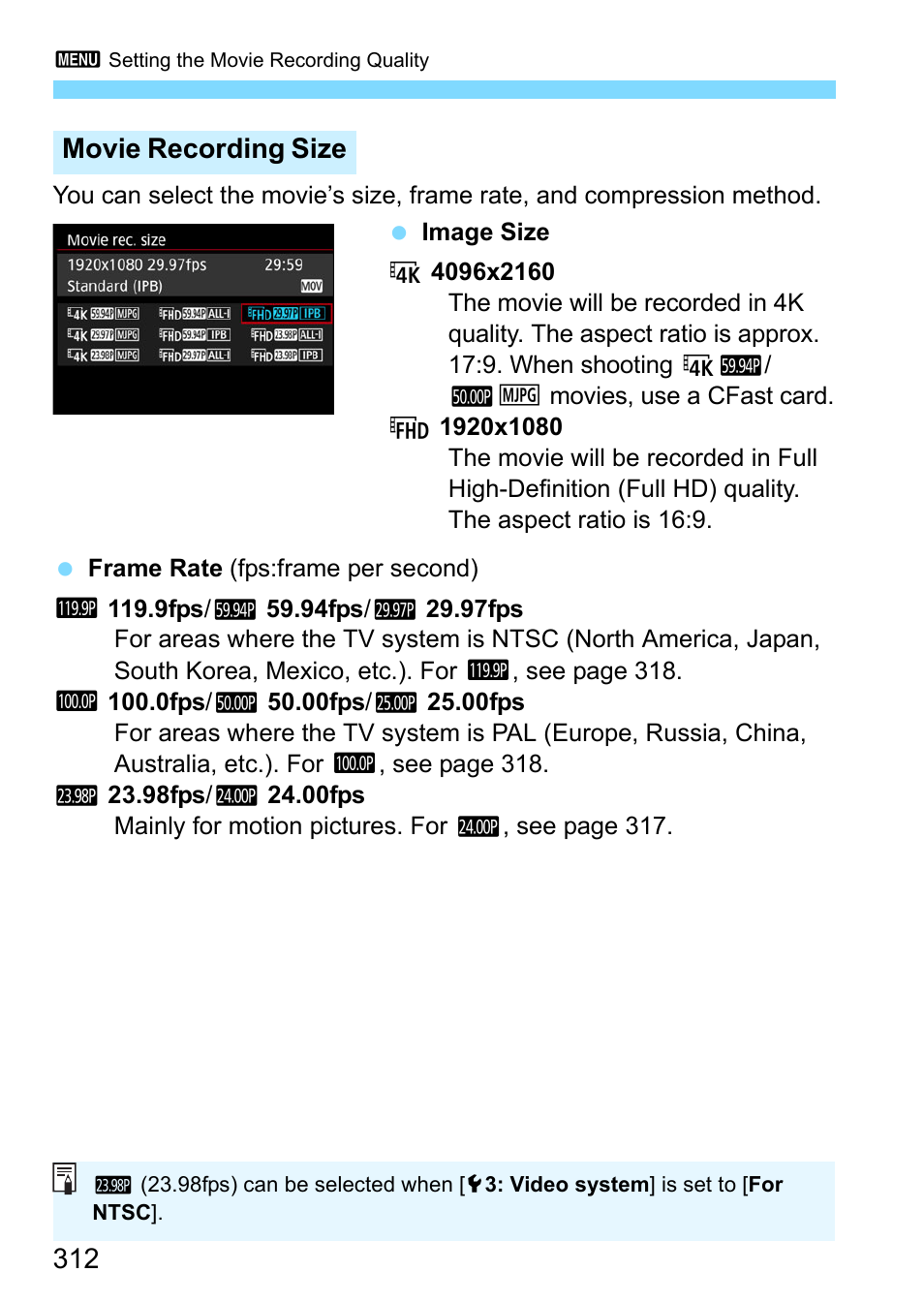 Movie recording size | Canon EOS-1D X Mark II DSLR Camera (Body Only) User Manual | Page 312 / 564