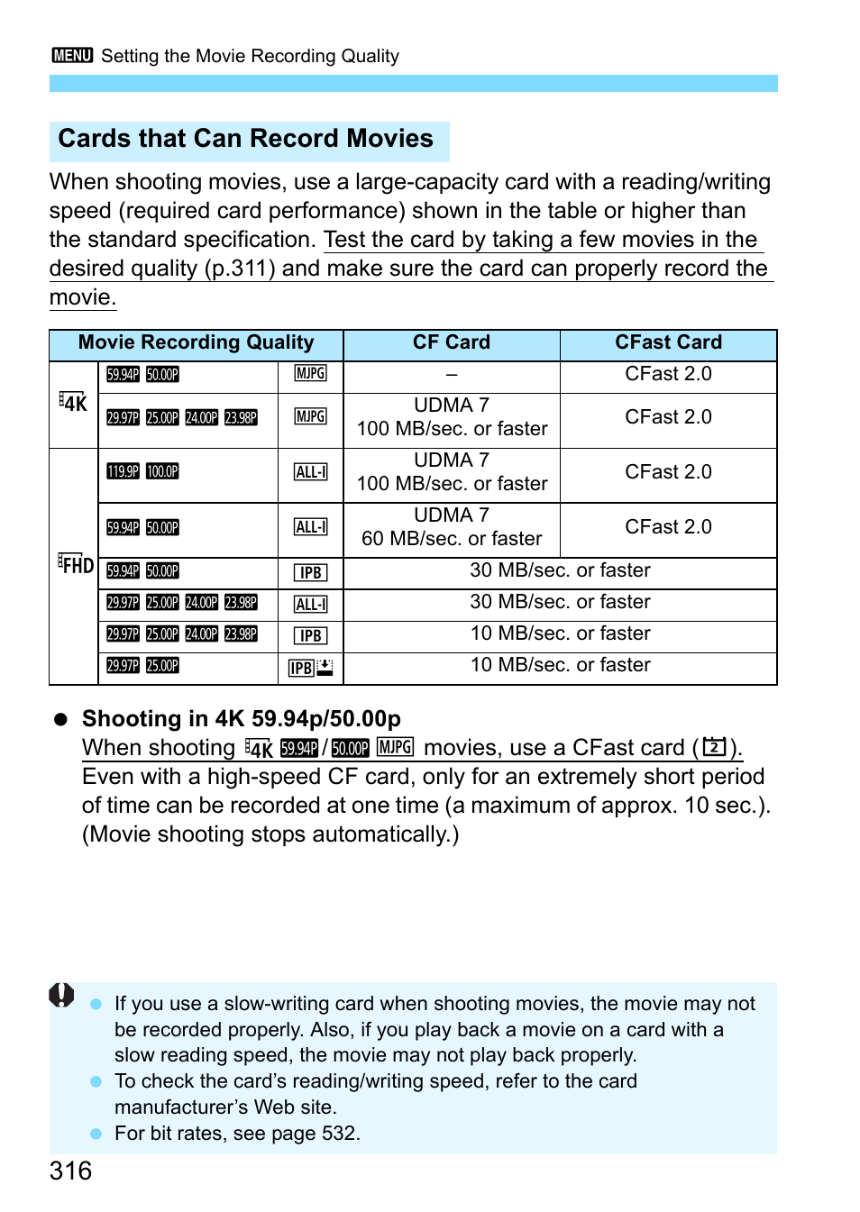 Cards that can record movies | Canon EOS-1D X Mark II DSLR Camera (Body Only) User Manual | Page 316 / 564