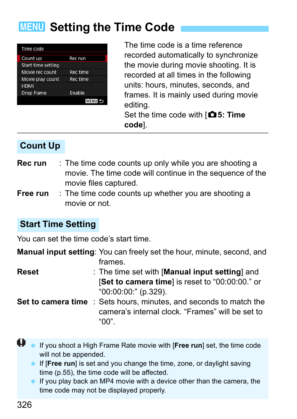 Setting the time code, 3setting the time code, Count up start time setting | Canon EOS-1D X Mark II DSLR Camera (Body Only) User Manual | Page 326 / 564