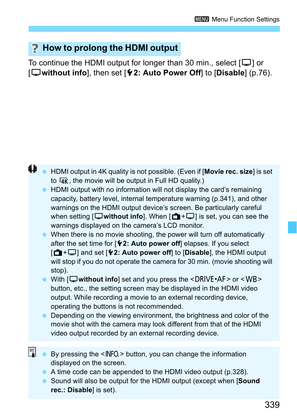 How to prolong the hdmi output | Canon EOS-1D X Mark II DSLR Camera (Body Only) User Manual | Page 339 / 564