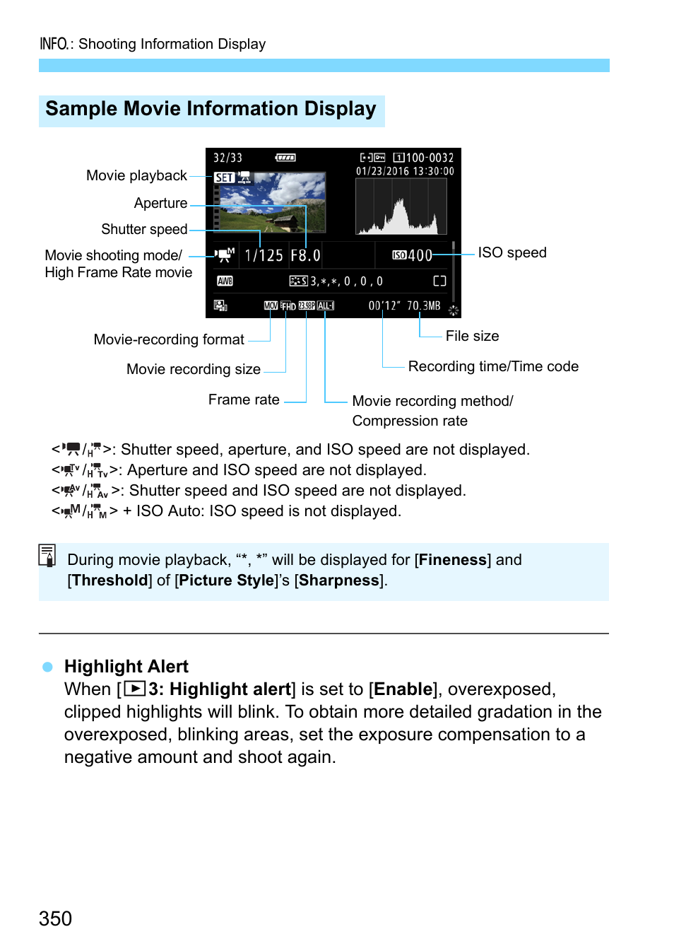 Sample movie information display | Canon EOS-1D X Mark II DSLR Camera (Body Only) User Manual | Page 350 / 564