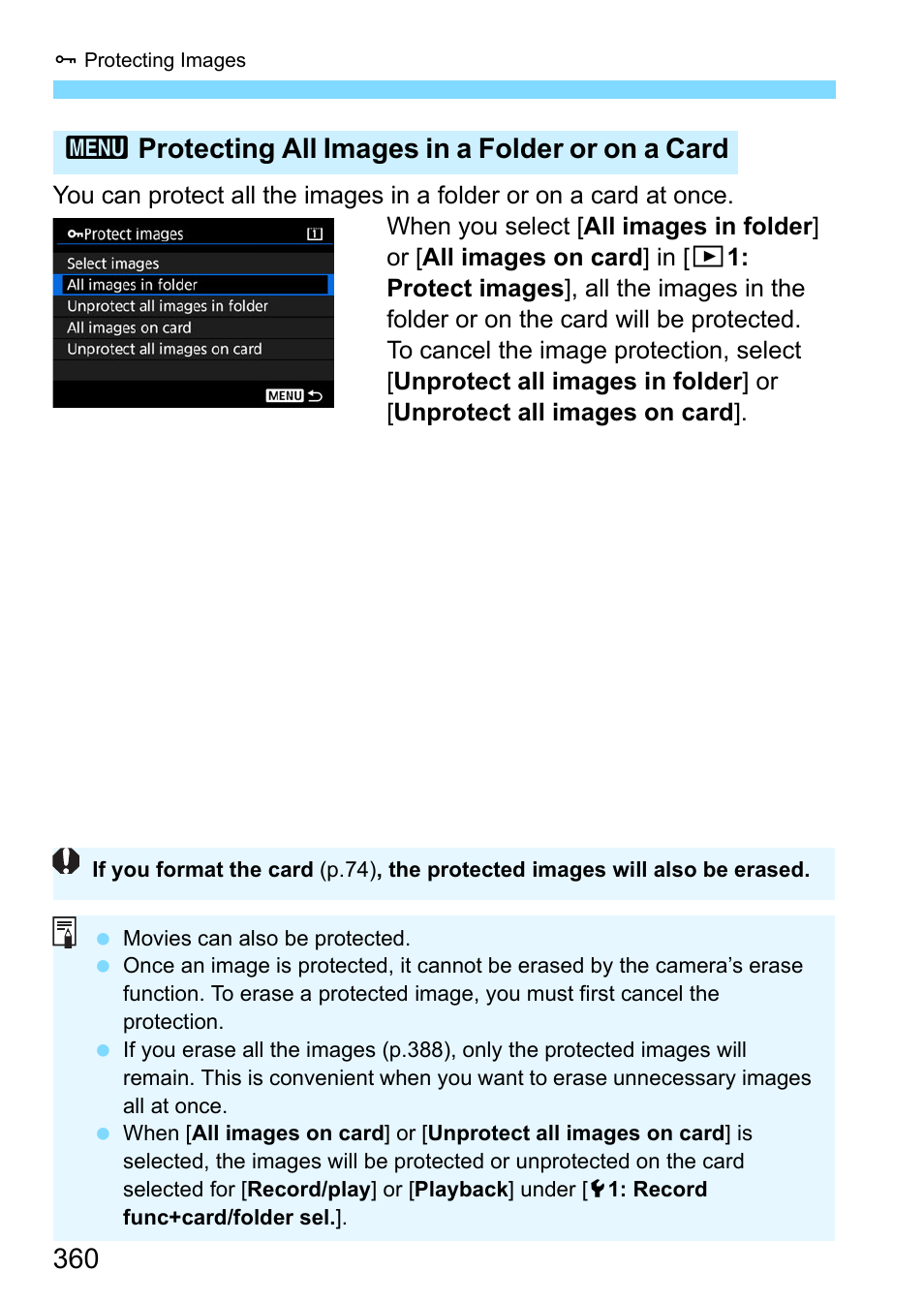 3protecting all images in a folder or on a card | Canon EOS-1D X Mark II DSLR Camera (Body Only) User Manual | Page 360 / 564