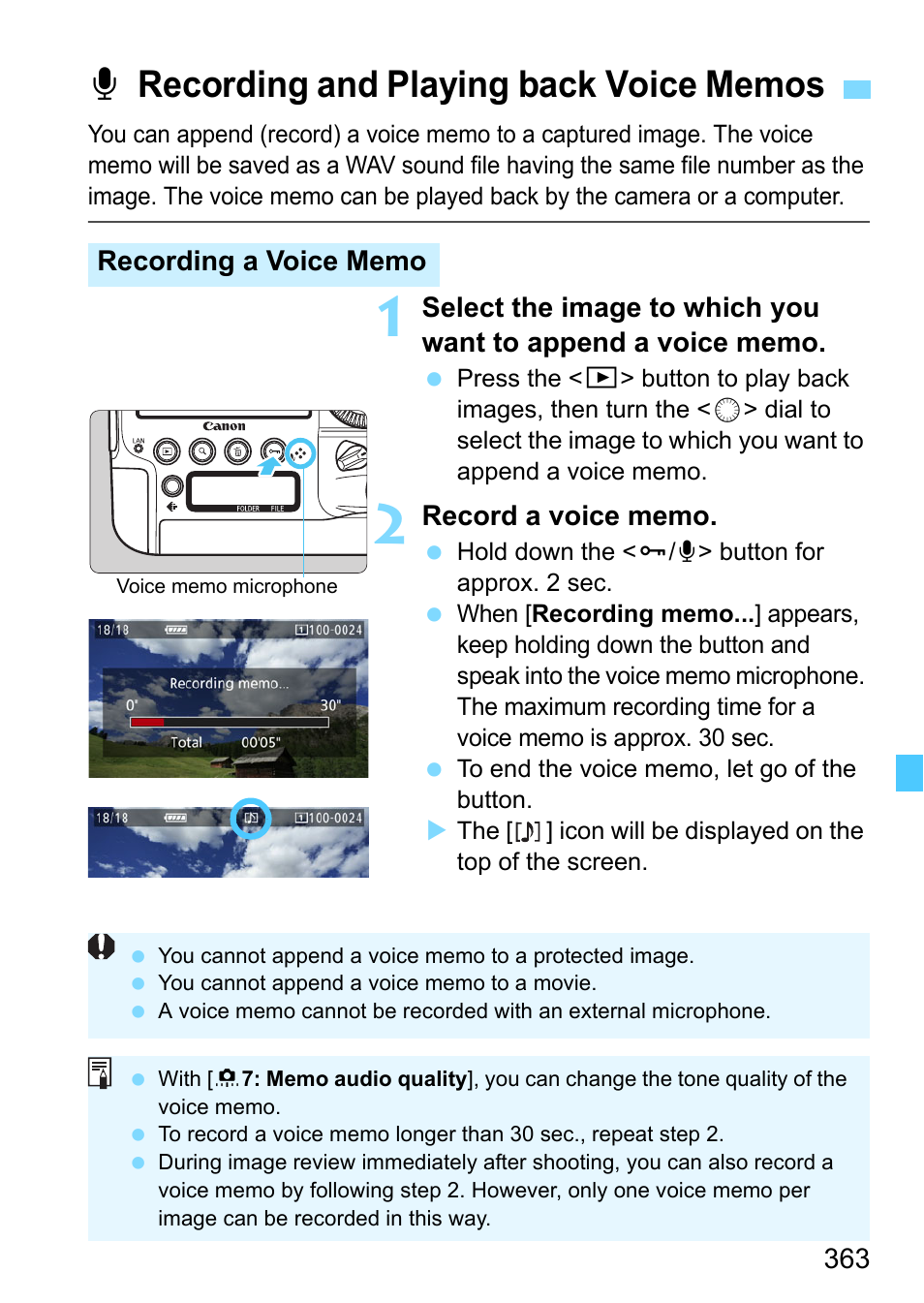 Recording and playing back voice memos | Canon EOS-1D X Mark II DSLR Camera (Body Only) User Manual | Page 363 / 564