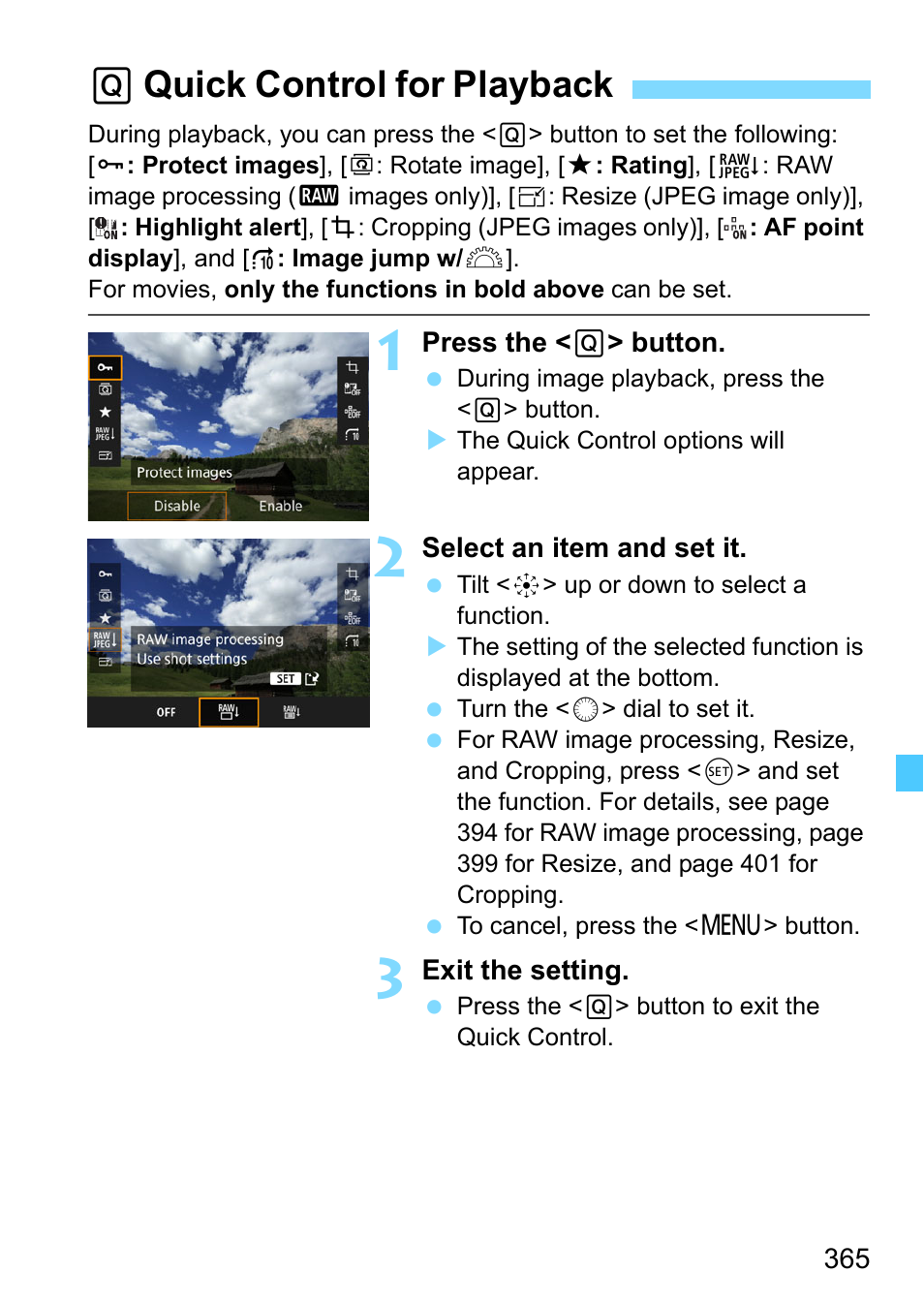 Quick control for playback, Qquick control for playback | Canon EOS-1D X Mark II DSLR Camera (Body Only) User Manual | Page 365 / 564