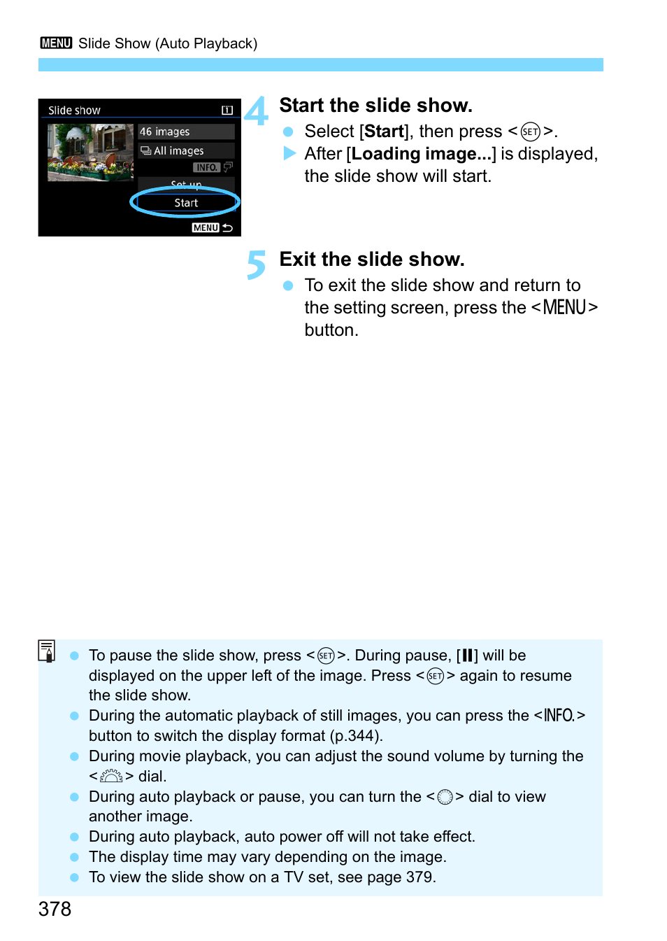 Start the slide show, Exit the slide show | Canon EOS-1D X Mark II DSLR Camera (Body Only) User Manual | Page 378 / 564