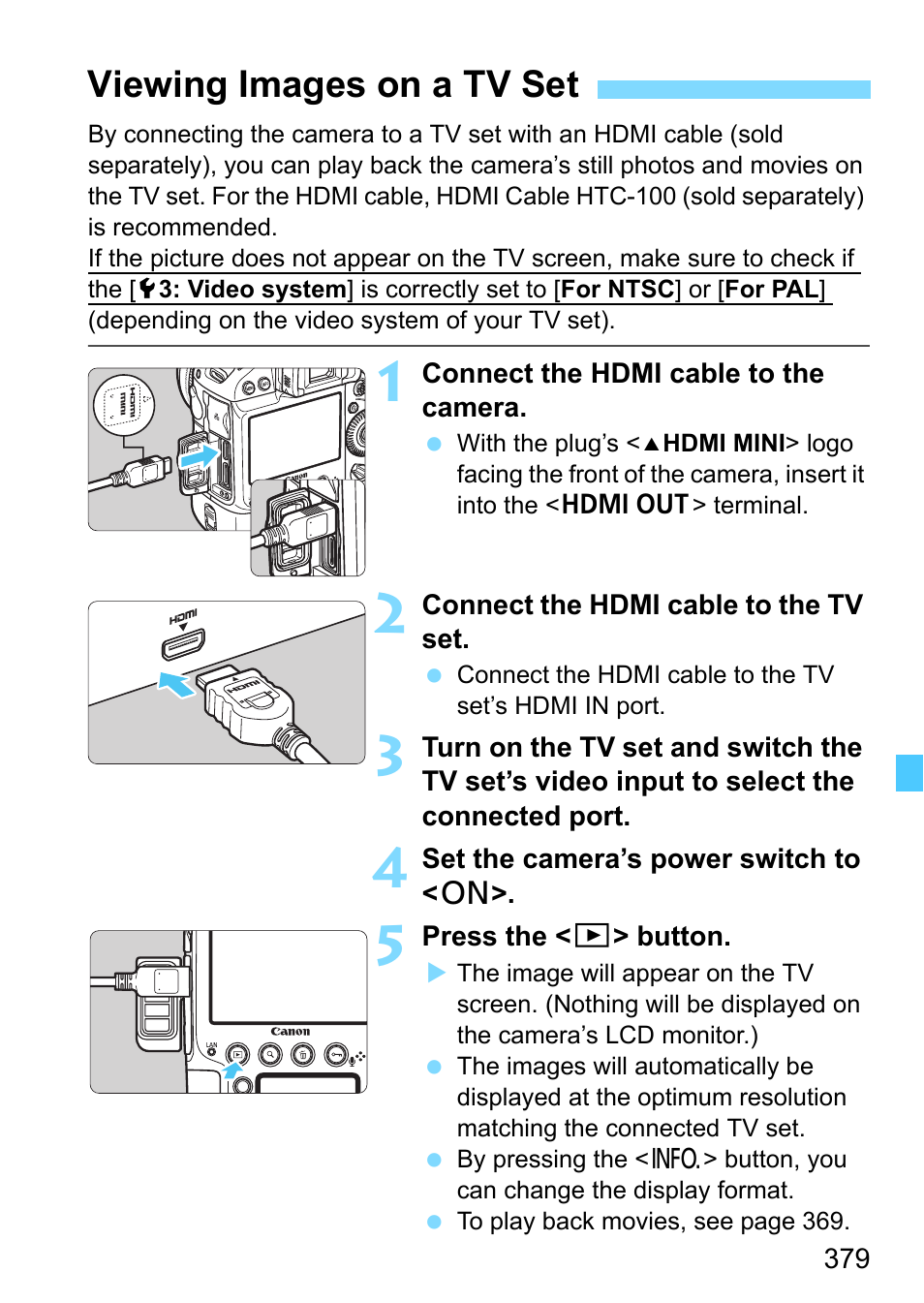 Viewing images on a tv set | Canon EOS-1D X Mark II DSLR Camera (Body Only) User Manual | Page 379 / 564