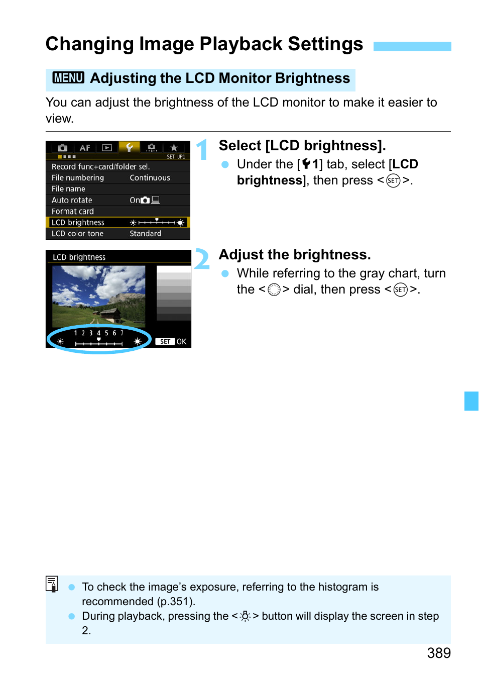 Changing image playback settings, Adjusting the lcd monitor brightness | Canon EOS-1D X Mark II DSLR Camera (Body Only) User Manual | Page 389 / 564