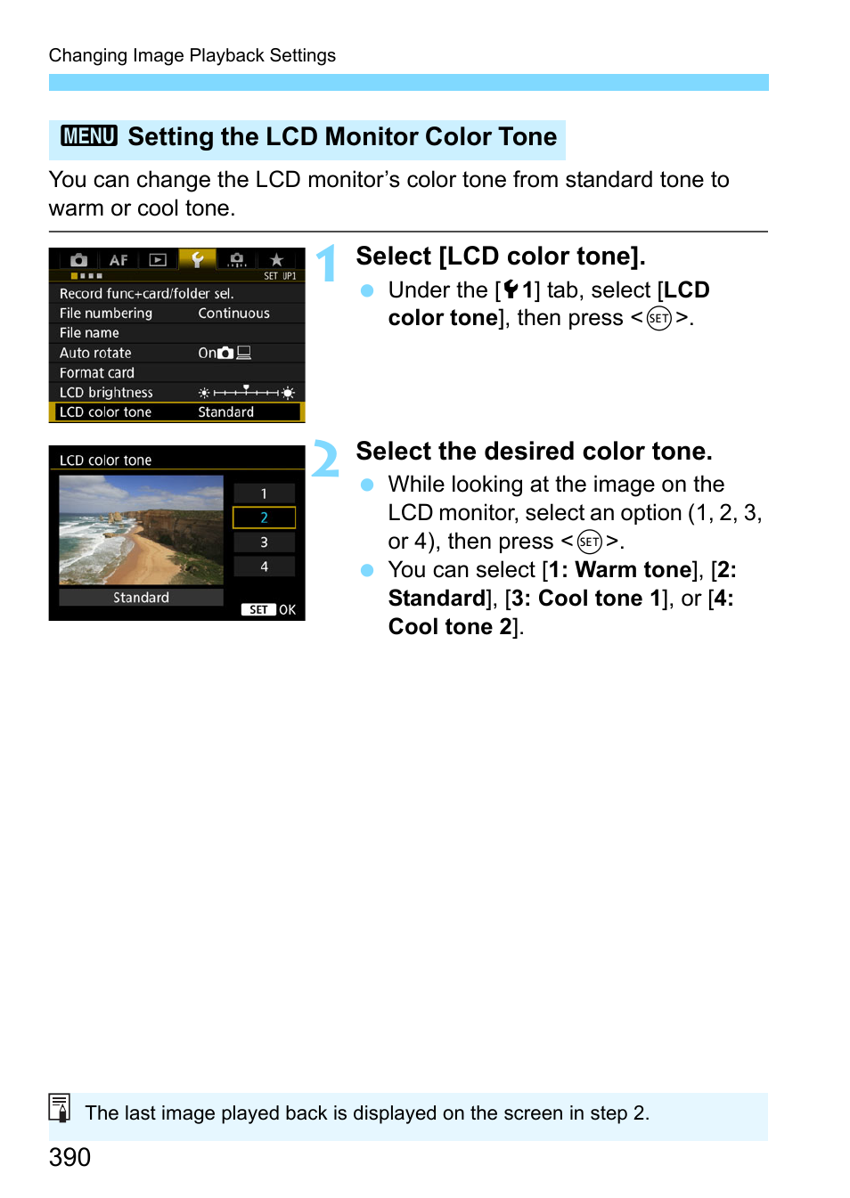 Setting the lcd monitor color tone | Canon EOS-1D X Mark II DSLR Camera (Body Only) User Manual | Page 390 / 564