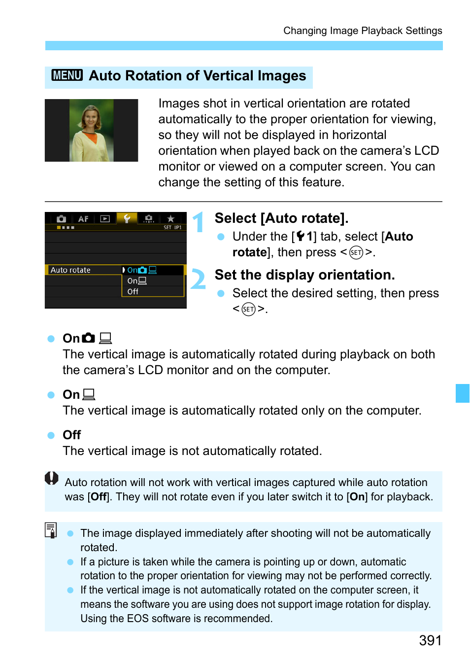 Auto rotation of vertical images | Canon EOS-1D X Mark II DSLR Camera (Body Only) User Manual | Page 391 / 564