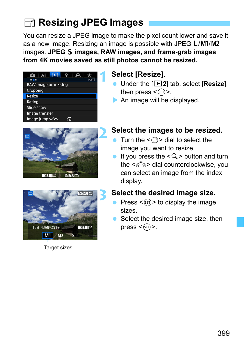 Resizing jpeg images, Sresizing jpeg images | Canon EOS-1D X Mark II DSLR Camera (Body Only) User Manual | Page 399 / 564