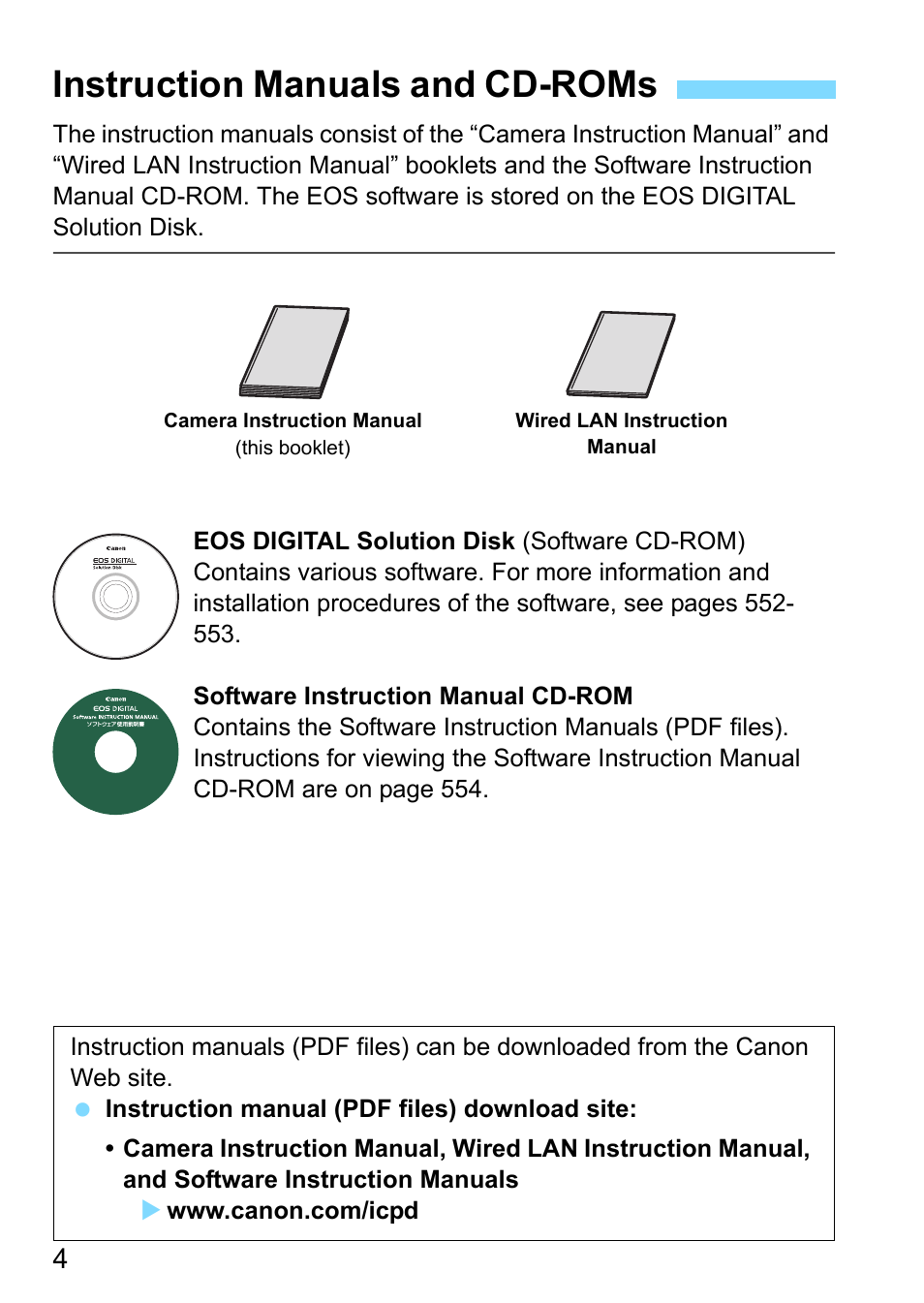 Instruction manuals and cd-roms | Canon EOS-1D X Mark II DSLR Camera (Body Only) User Manual | Page 4 / 564