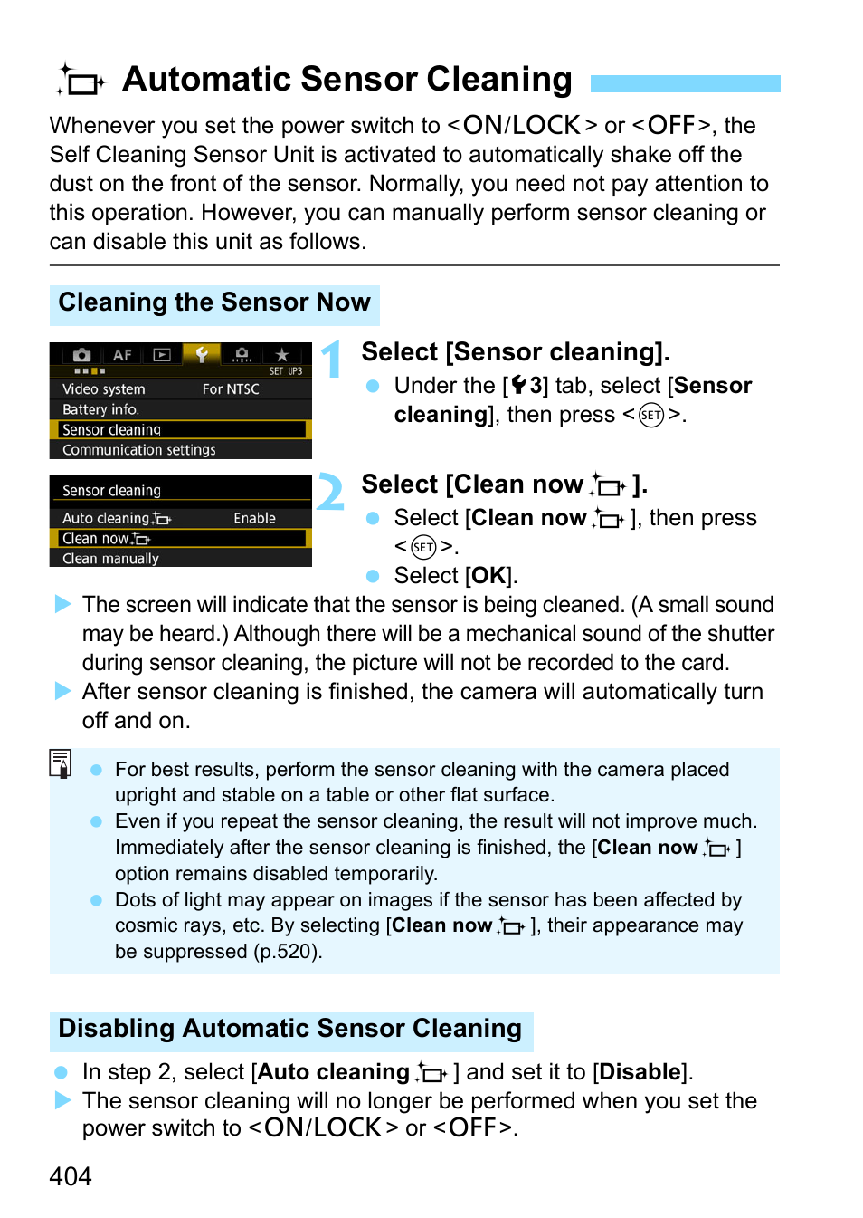 Automatic sensor cleaning, Fautomatic sensor cleaning | Canon EOS-1D X Mark II DSLR Camera (Body Only) User Manual | Page 404 / 564