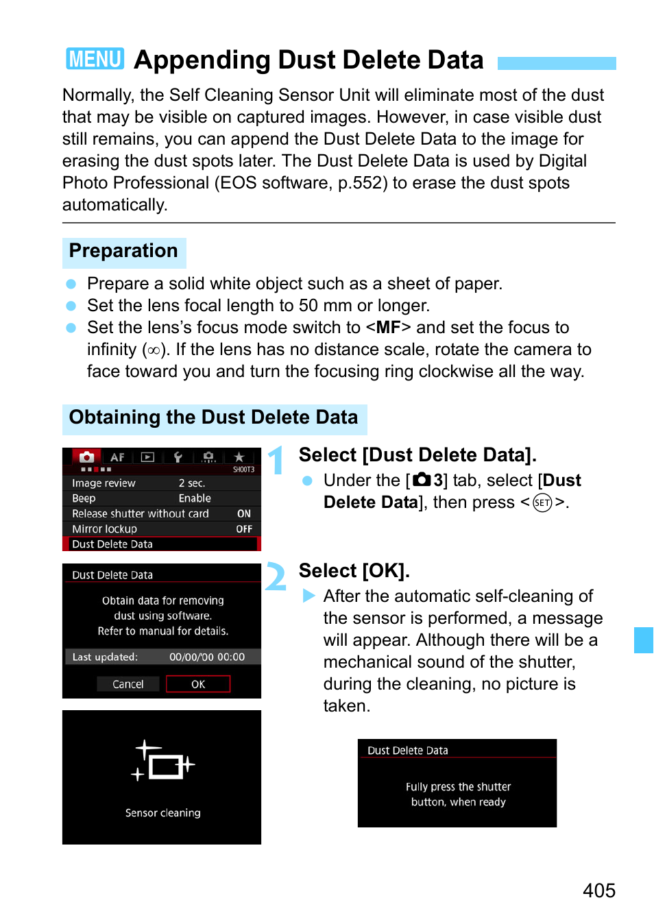 Appending dust delete data, 405) will not, 3appending dust delete data | Canon EOS-1D X Mark II DSLR Camera (Body Only) User Manual | Page 405 / 564