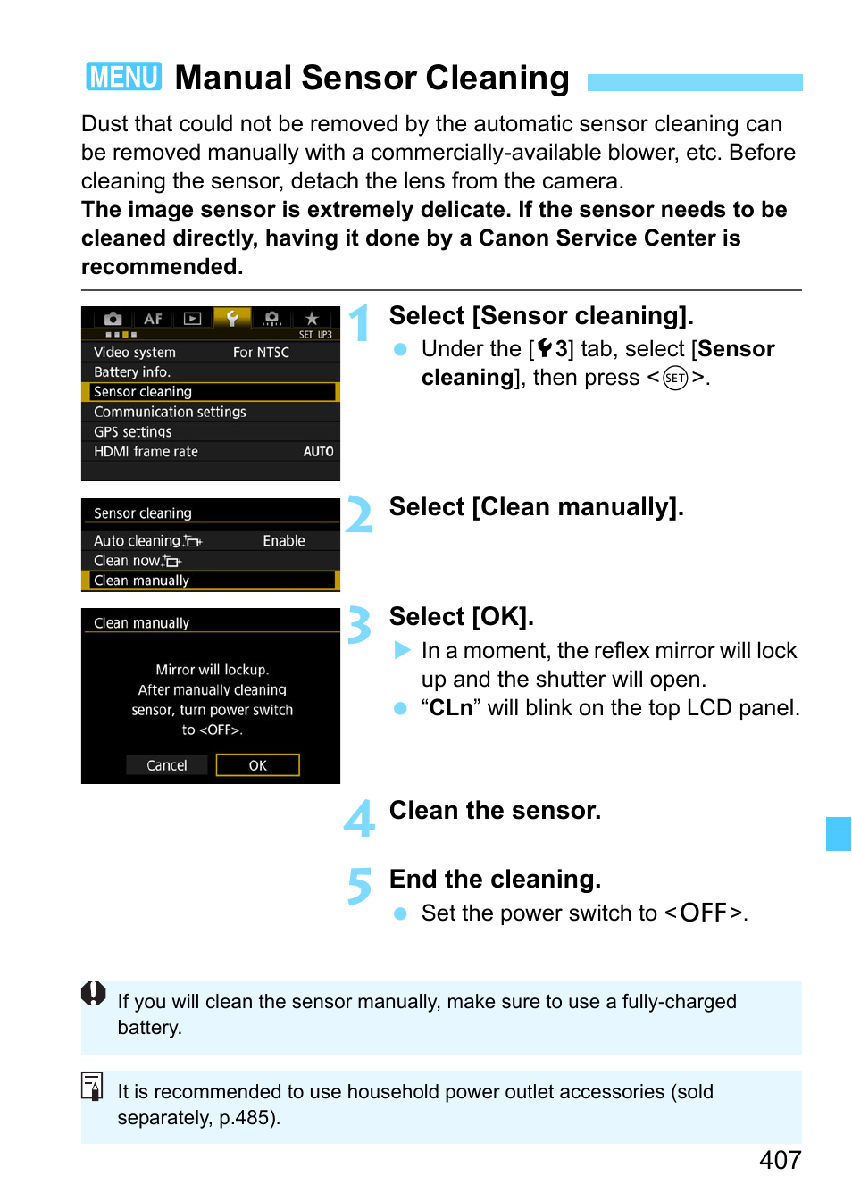 Manual sensor cleaning, 3manual sensor cleaning | Canon EOS-1D X Mark II DSLR Camera (Body Only) User Manual | Page 407 / 564