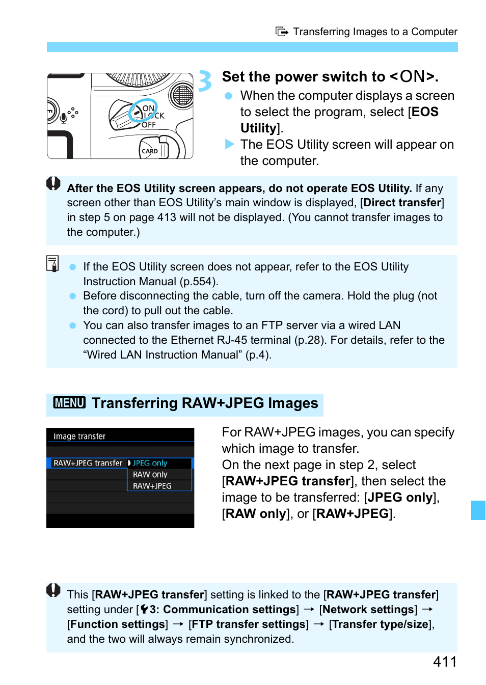 Set the power switch to < 1, 3transferring raw+jpeg images | Canon EOS-1D X Mark II DSLR Camera (Body Only) User Manual | Page 411 / 564