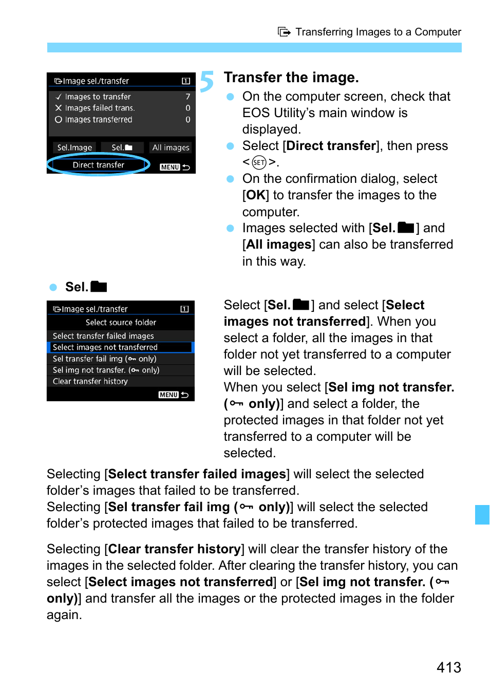 413 w, Transfer the image | Canon EOS-1D X Mark II DSLR Camera (Body Only) User Manual | Page 413 / 564