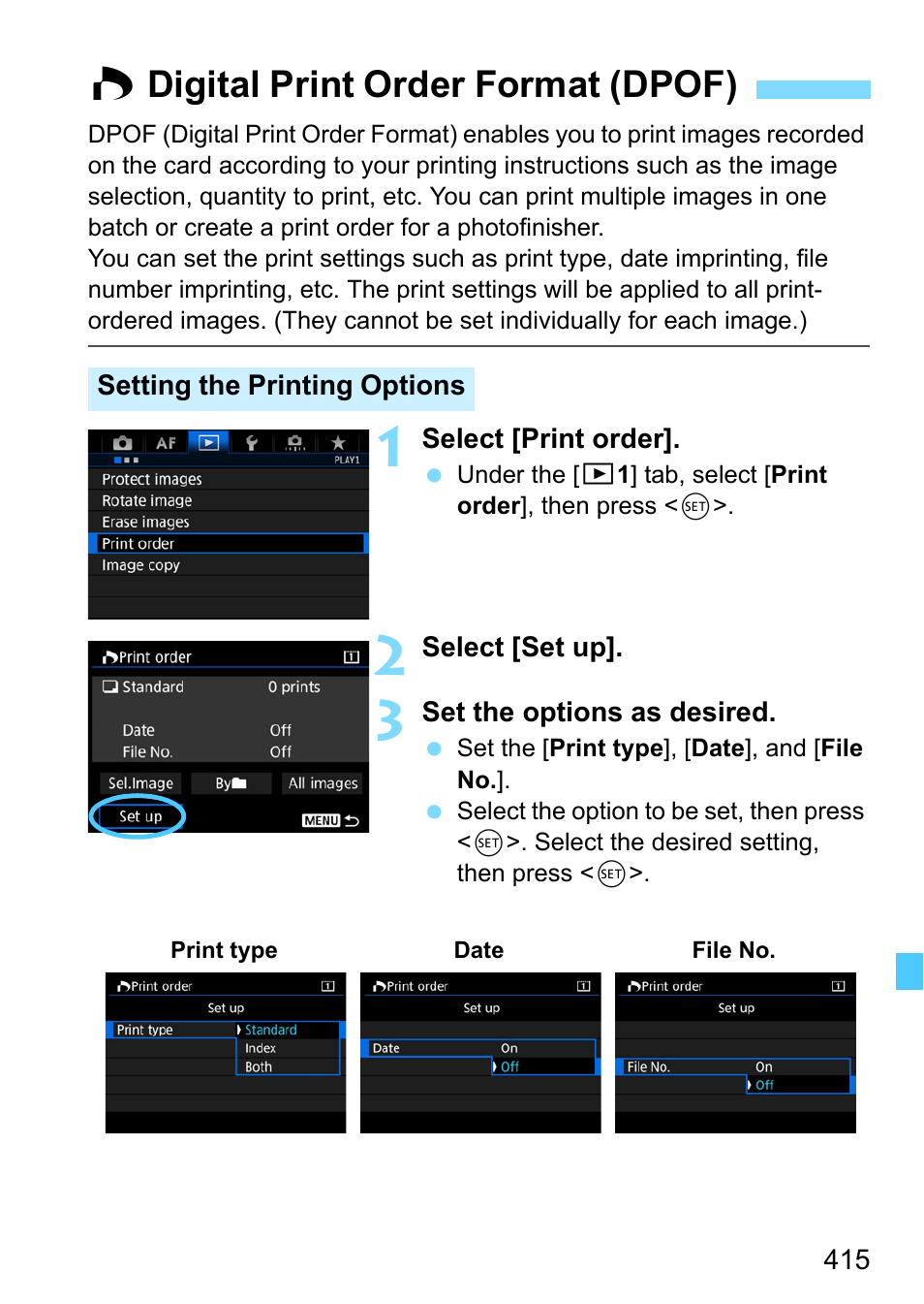 Digital print order format (dpof), Wdigital print order format (dpof) | Canon EOS-1D X Mark II DSLR Camera (Body Only) User Manual | Page 415 / 564