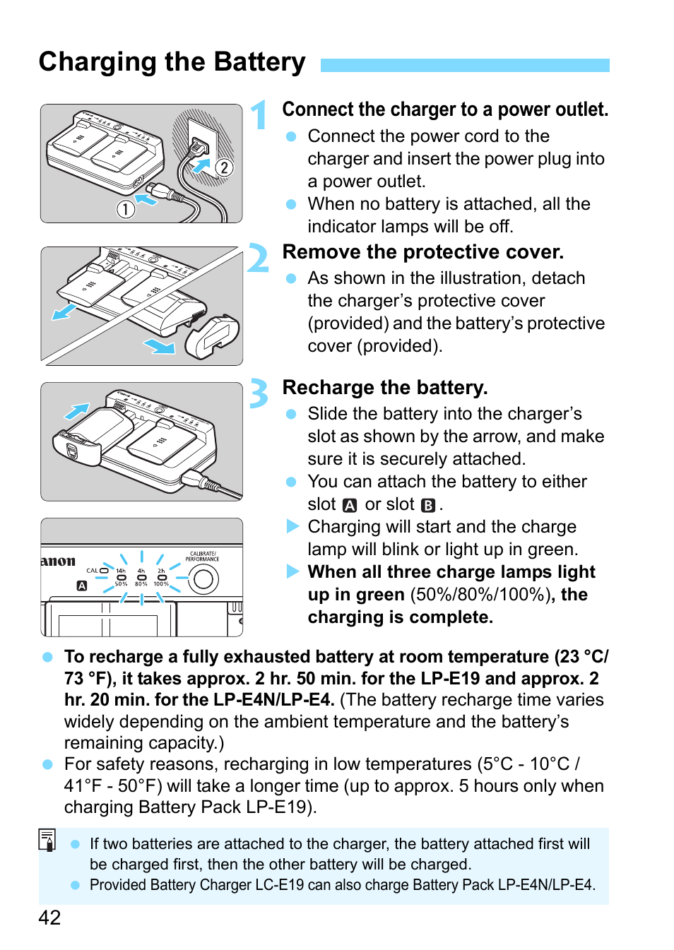 Charging the battery, Age 42, P.42 | Canon EOS-1D X Mark II DSLR Camera (Body Only) User Manual | Page 42 / 564