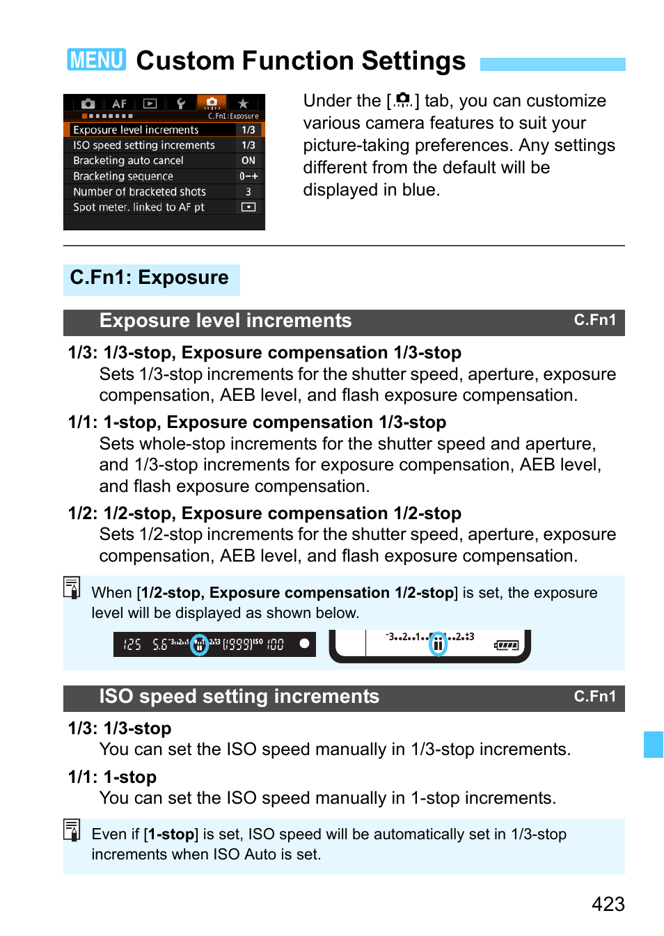 Custom function settings, C.fn1: exposure, P.423 | 3custom function settings, C.fn1: exposure exposure level increments, Iso speed setting increments | Canon EOS-1D X Mark II DSLR Camera (Body Only) User Manual | Page 423 / 564