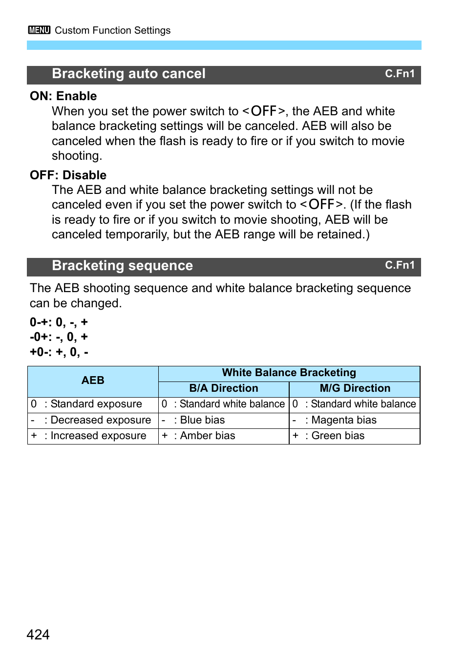 P.424, 424 bracketing auto cancel, Bracketing sequence | Canon EOS-1D X Mark II DSLR Camera (Body Only) User Manual | Page 424 / 564