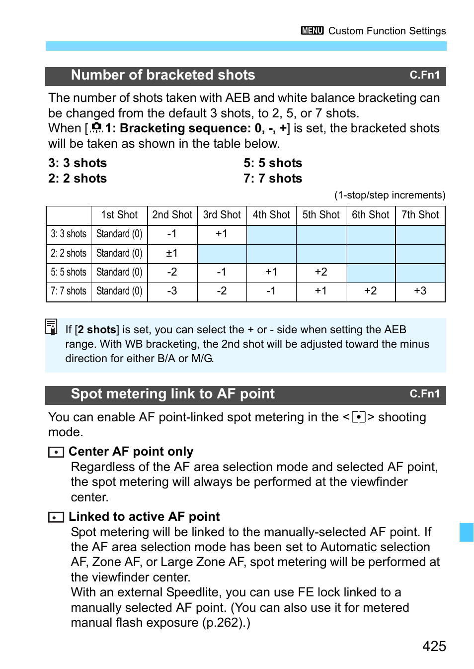 P.425, Number of bracketed shots, Spot metering link to af point | Canon EOS-1D X Mark II DSLR Camera (Body Only) User Manual | Page 425 / 564