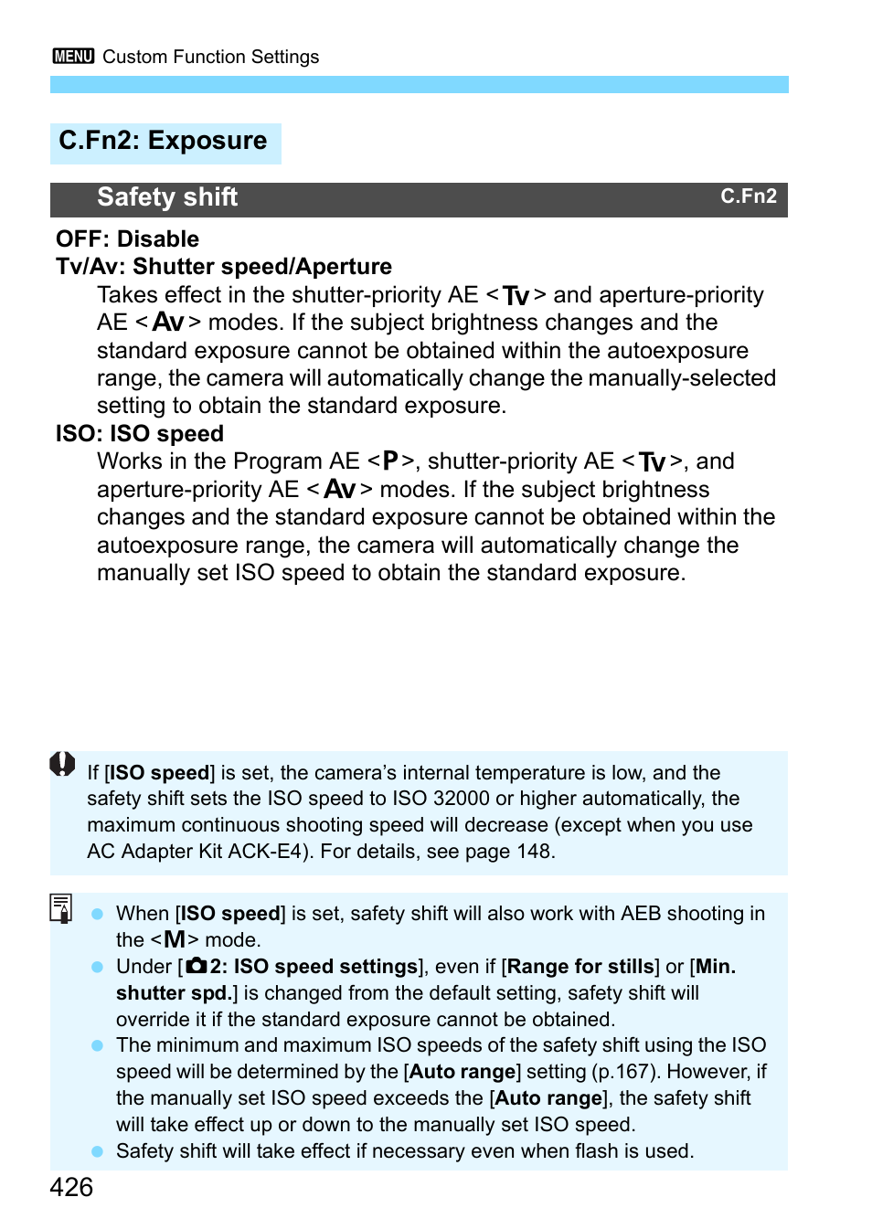 C.fn2: exposure, P.426, 426 c.fn2: exposure safety shift | Canon EOS-1D X Mark II DSLR Camera (Body Only) User Manual | Page 426 / 564