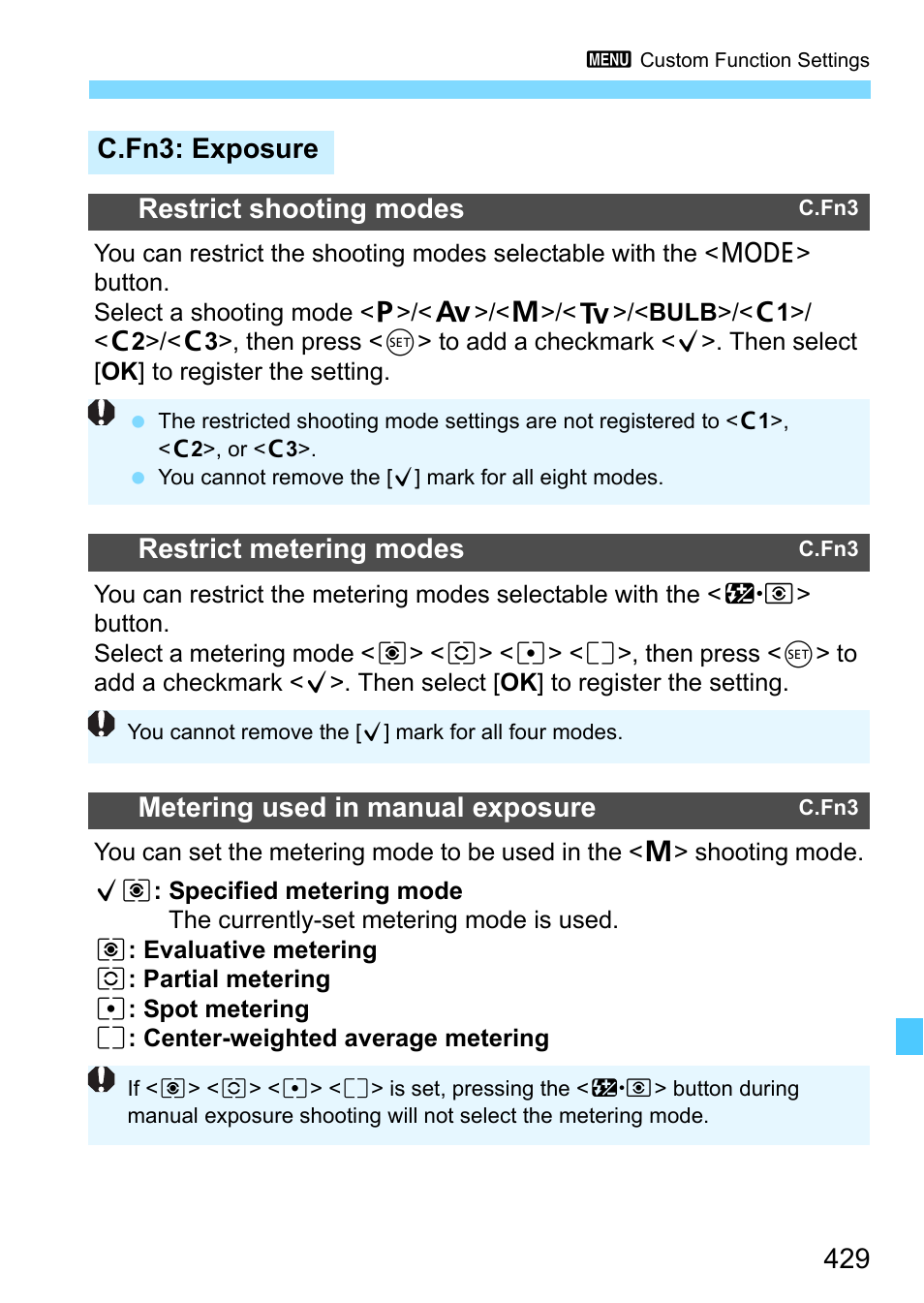 C.fn3: exposure, P.429, C.fn3: exposure restrict shooting modes | Restrict metering modes, Metering used in manual exposure | Canon EOS-1D X Mark II DSLR Camera (Body Only) User Manual | Page 429 / 564