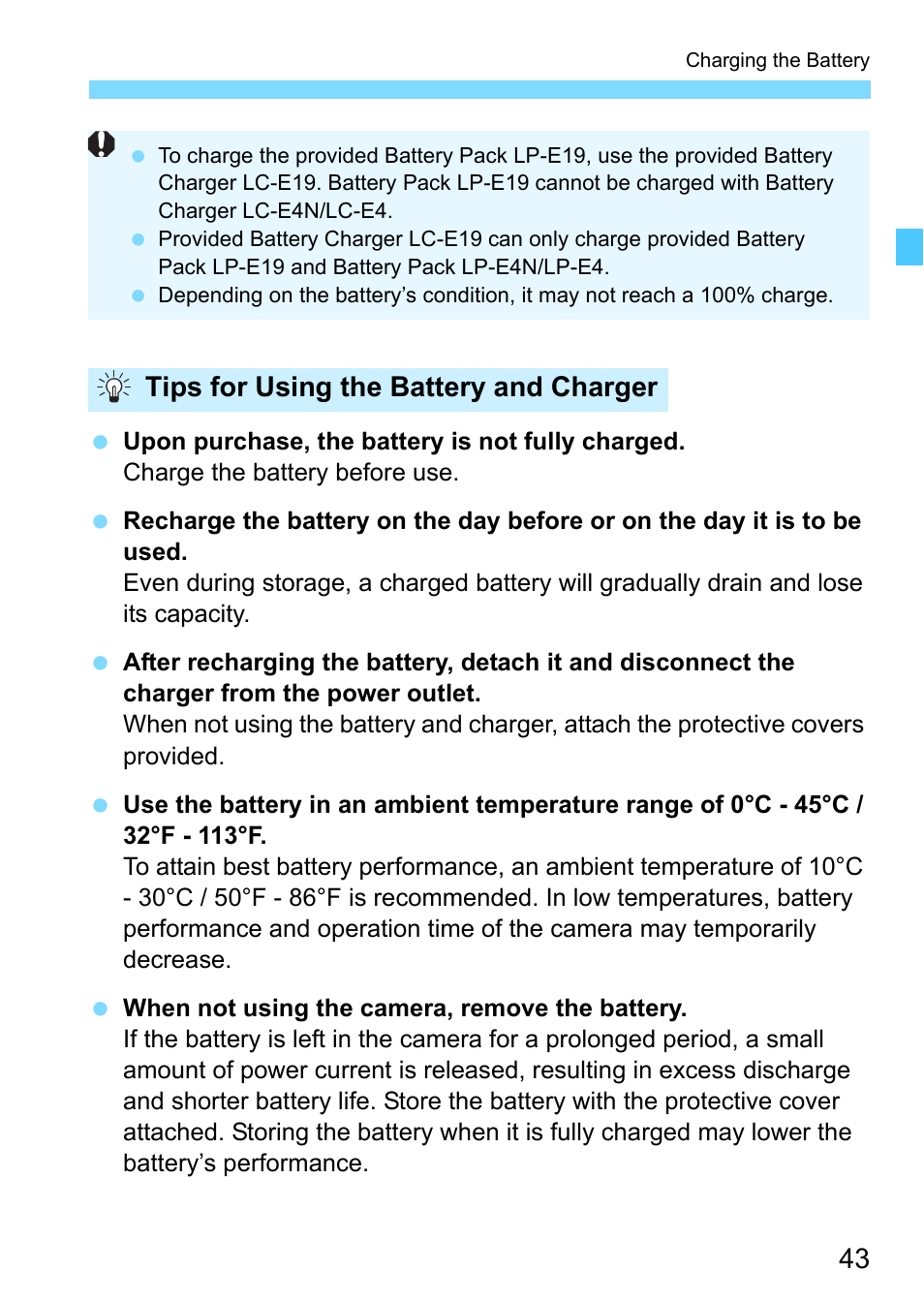 Tips for using the battery and charger | Canon EOS-1D X Mark II DSLR Camera (Body Only) User Manual | Page 43 / 564