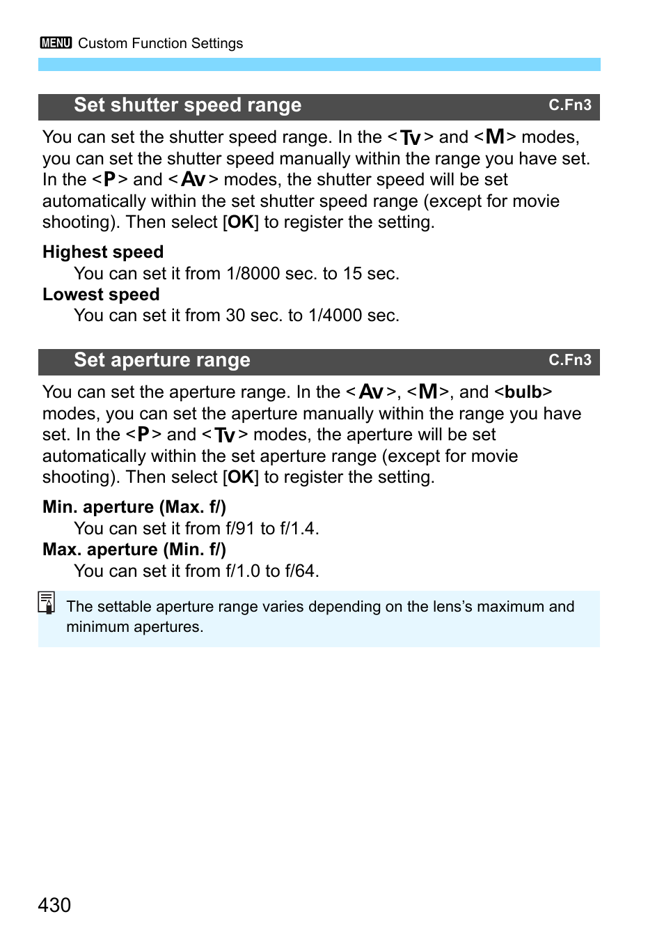 P.430, 430 set shutter speed range, Set aperture range | Canon EOS-1D X Mark II DSLR Camera (Body Only) User Manual | Page 430 / 564