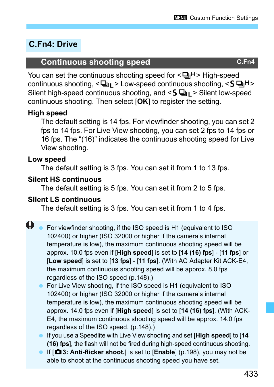 C.fn4: drive, P.433, C.fn4: drive continuous shooting speed | Canon EOS-1D X Mark II DSLR Camera (Body Only) User Manual | Page 433 / 564