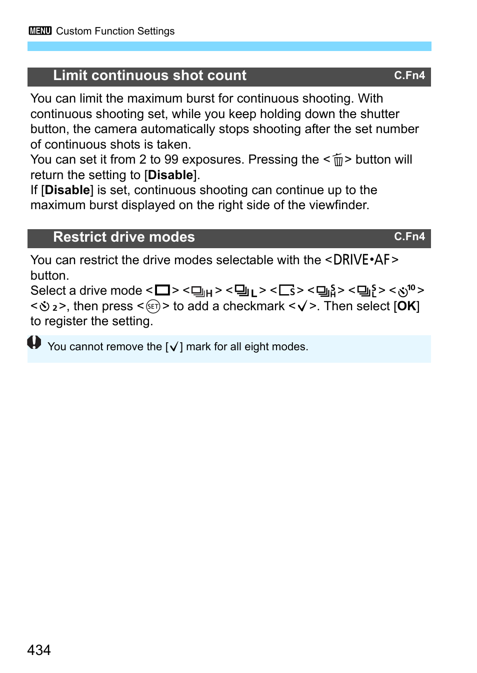 P.434, 434 limit continuous shot count, Restrict drive modes | Canon EOS-1D X Mark II DSLR Camera (Body Only) User Manual | Page 434 / 564