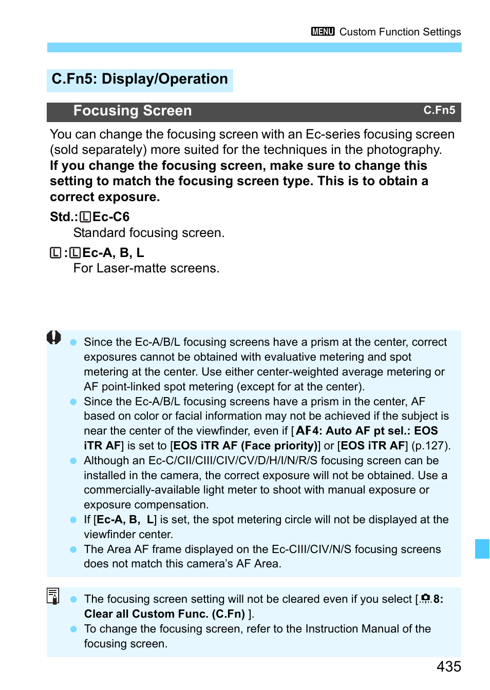 C.fn5: display/operation, P.435, C.fn5: display/operation focusing screen | Canon EOS-1D X Mark II DSLR Camera (Body Only) User Manual | Page 435 / 564