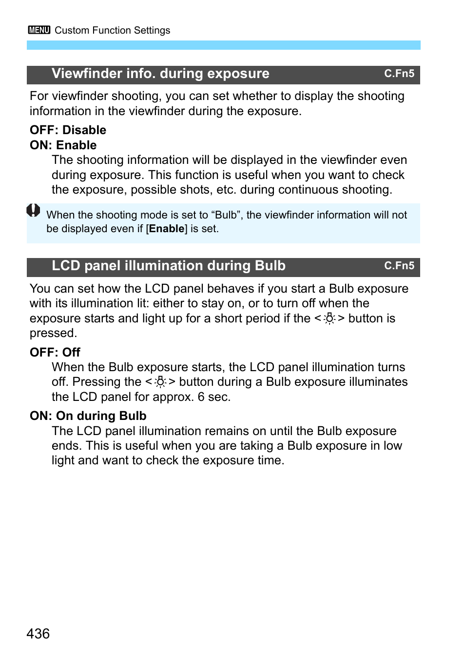 P.436, 436 viewfinder info. during exposure, Lcd panel illumination during bulb | Canon EOS-1D X Mark II DSLR Camera (Body Only) User Manual | Page 436 / 564