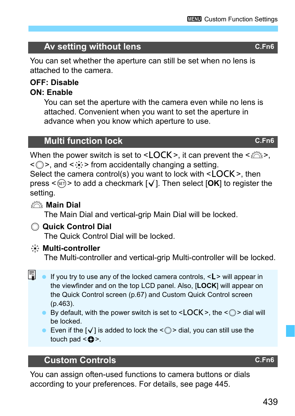 P.439, Av setting without lens, Multi function lock | Custom controls | Canon EOS-1D X Mark II DSLR Camera (Body Only) User Manual | Page 439 / 564