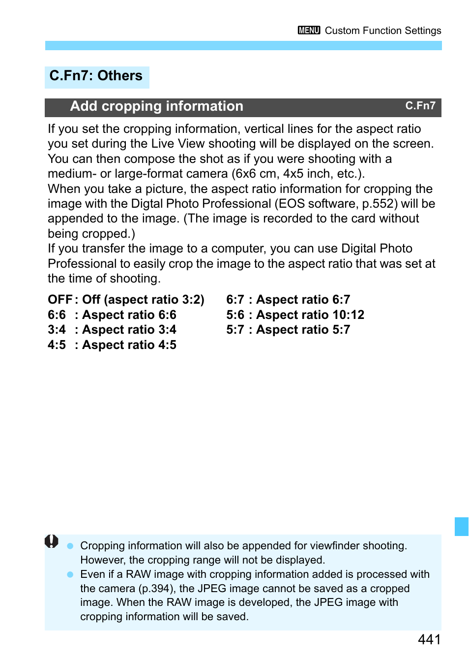 C.fn7: others, P.441, C.fn7: others add cropping information | Canon EOS-1D X Mark II DSLR Camera (Body Only) User Manual | Page 441 / 564