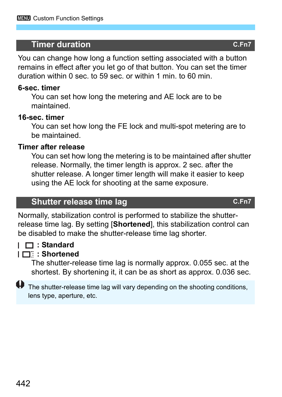 P.442, 442 timer duration, Shutter release time lag | Canon EOS-1D X Mark II DSLR Camera (Body Only) User Manual | Page 442 / 564