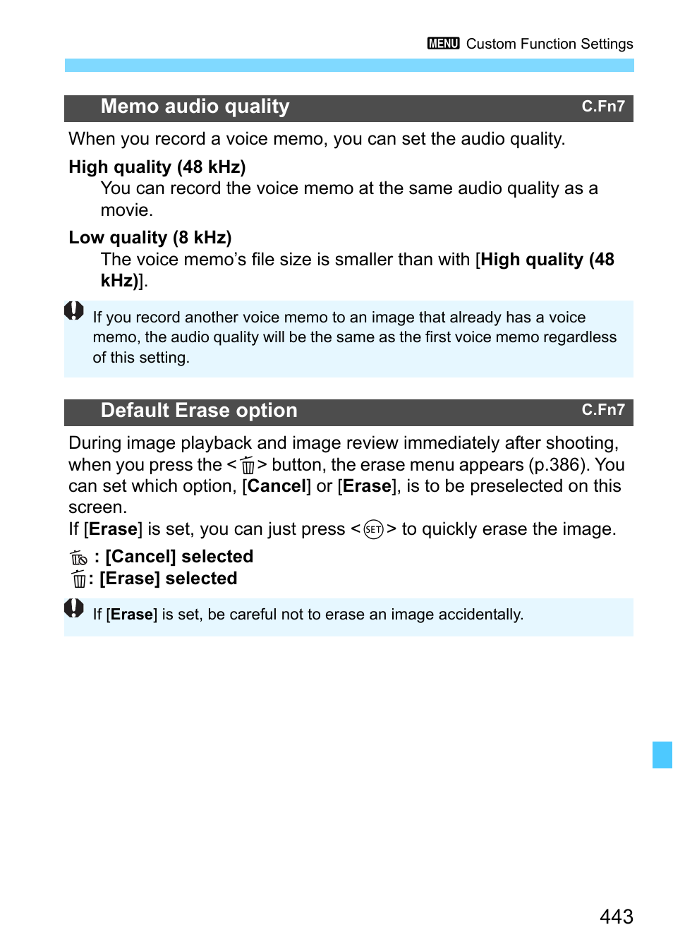 P.443, Default erase option | Canon EOS-1D X Mark II DSLR Camera (Body Only) User Manual | Page 443 / 564