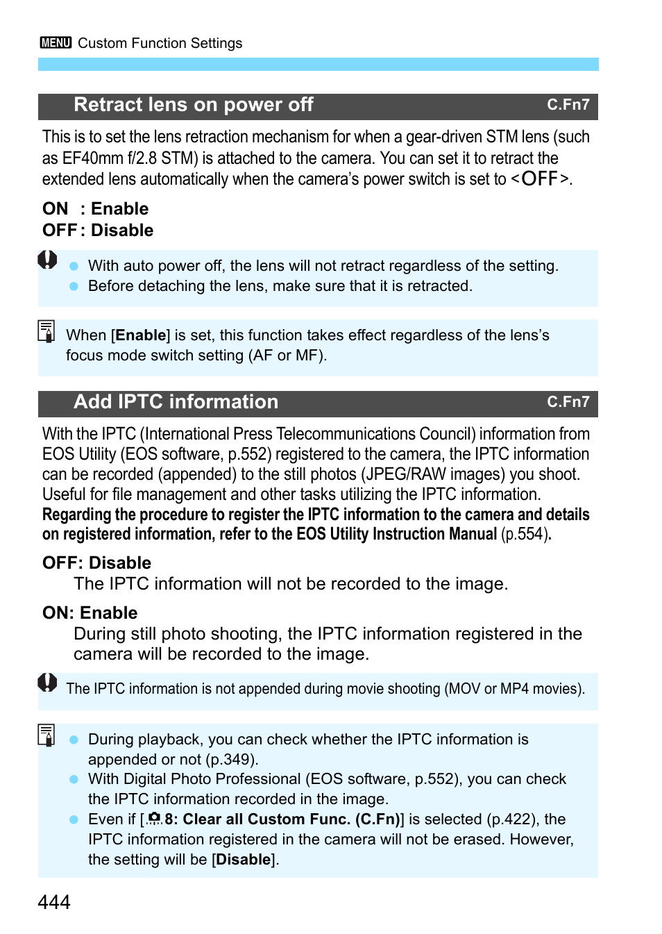 P.444, 444 retract lens on power off, Add iptc information | Canon EOS-1D X Mark II DSLR Camera (Body Only) User Manual | Page 444 / 564