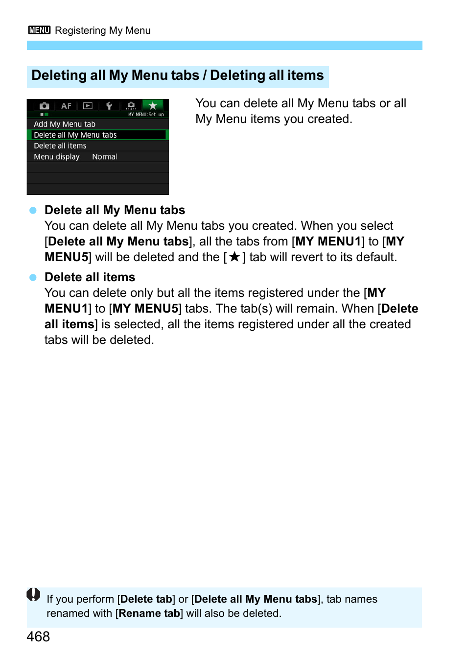 Deleting all my menu tabs / deleting all items | Canon EOS-1D X Mark II DSLR Camera (Body Only) User Manual | Page 468 / 564