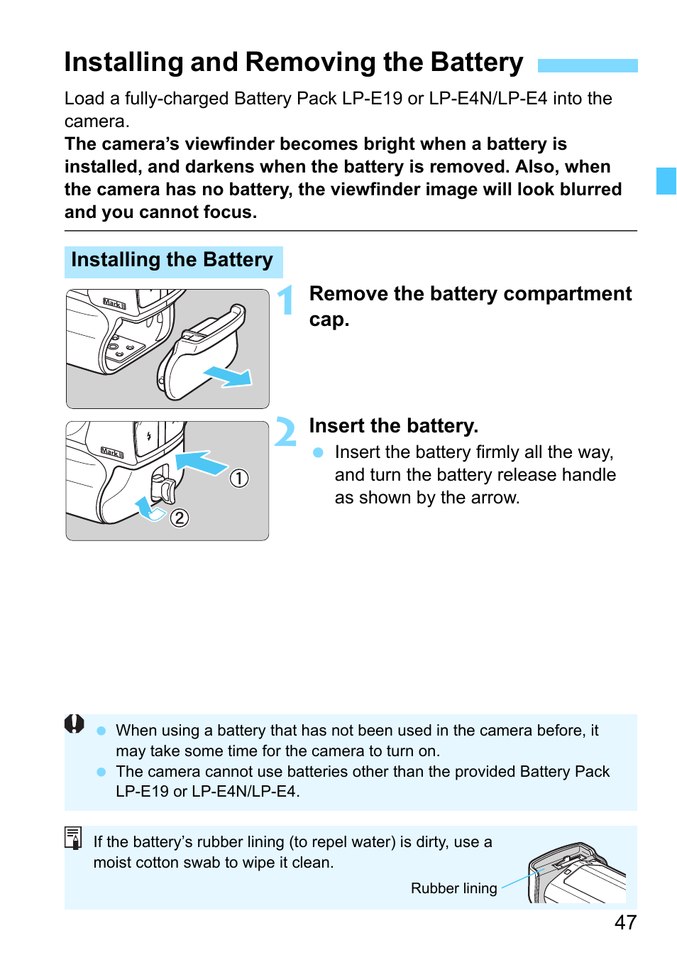 Installing and removing the battery | Canon EOS-1D X Mark II DSLR Camera (Body Only) User Manual | Page 47 / 564