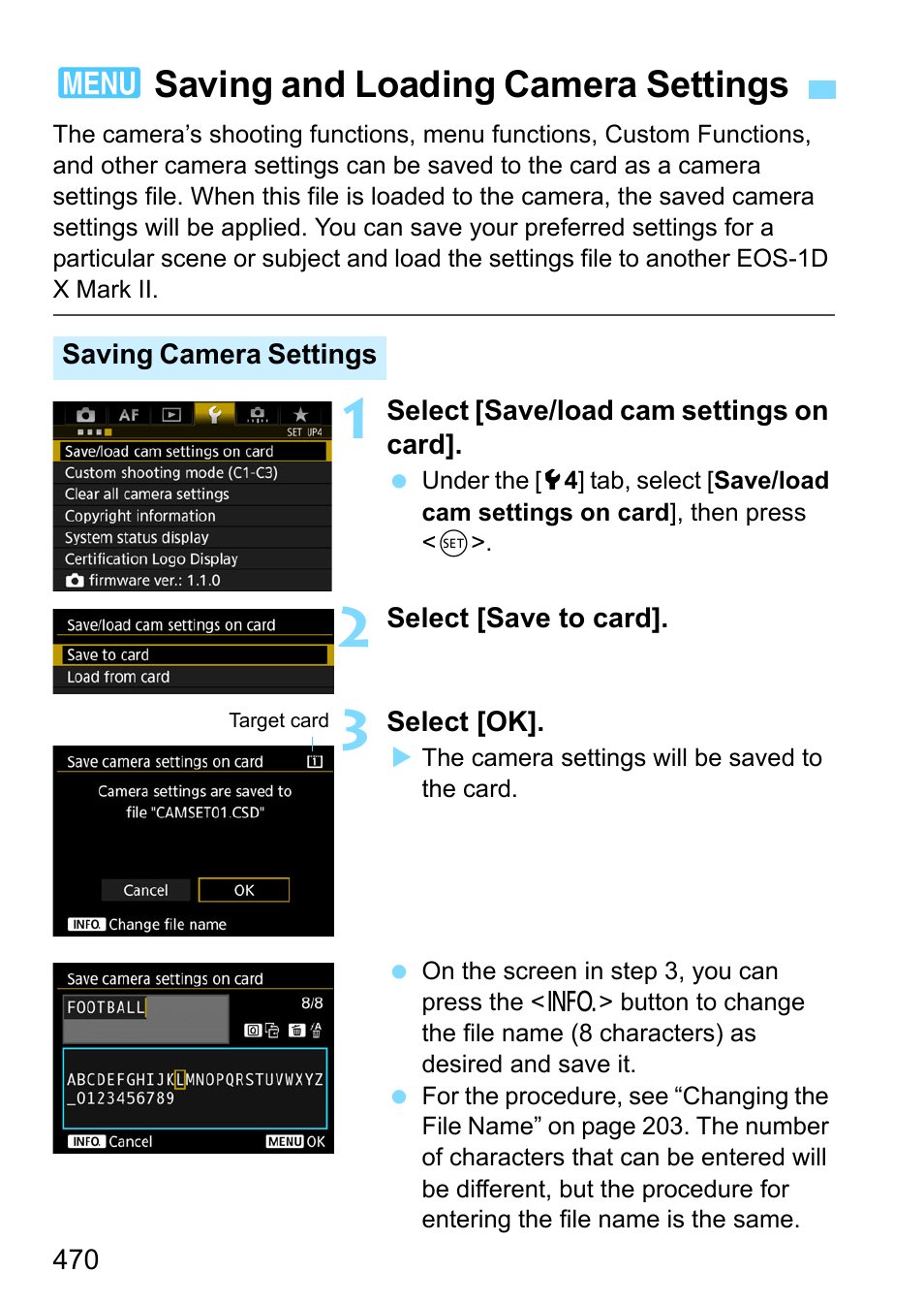 Saving and loading camera settings, 3saving and loading camera settings | Canon EOS-1D X Mark II DSLR Camera (Body Only) User Manual | Page 470 / 564