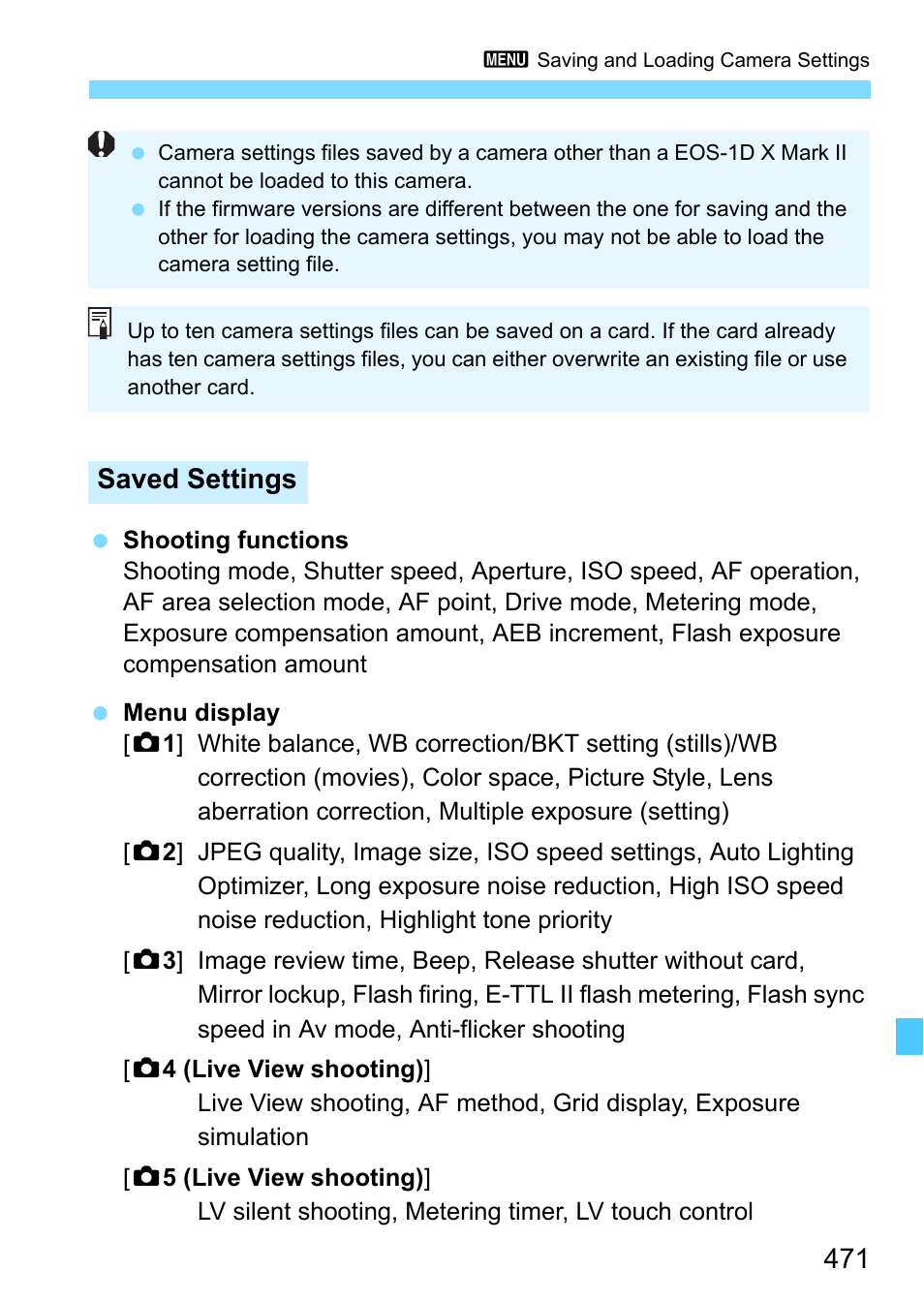 Saved settings | Canon EOS-1D X Mark II DSLR Camera (Body Only) User Manual | Page 471 / 564