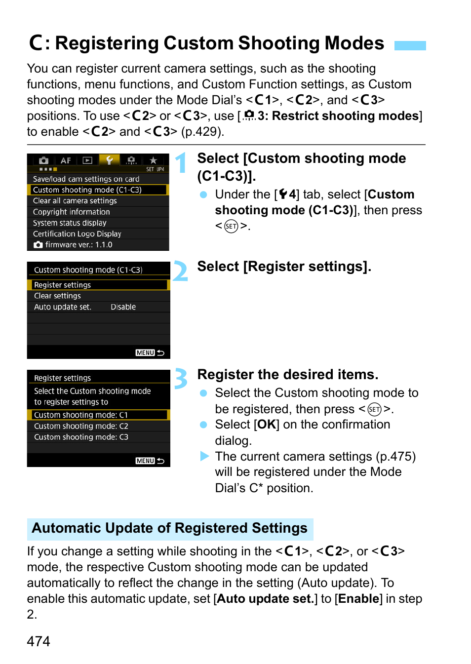 Registering custom shooting modes, W: registering custom shooting modes | Canon EOS-1D X Mark II DSLR Camera (Body Only) User Manual | Page 474 / 564