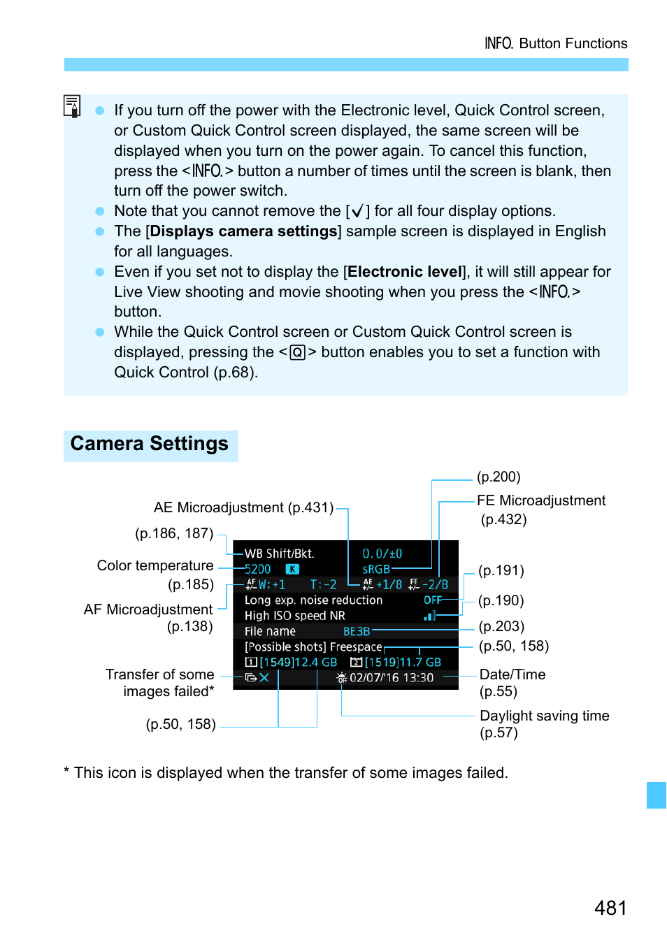 Displays camera settings (p.481), Camera settings | Canon EOS-1D X Mark II DSLR Camera (Body Only) User Manual | Page 481 / 564