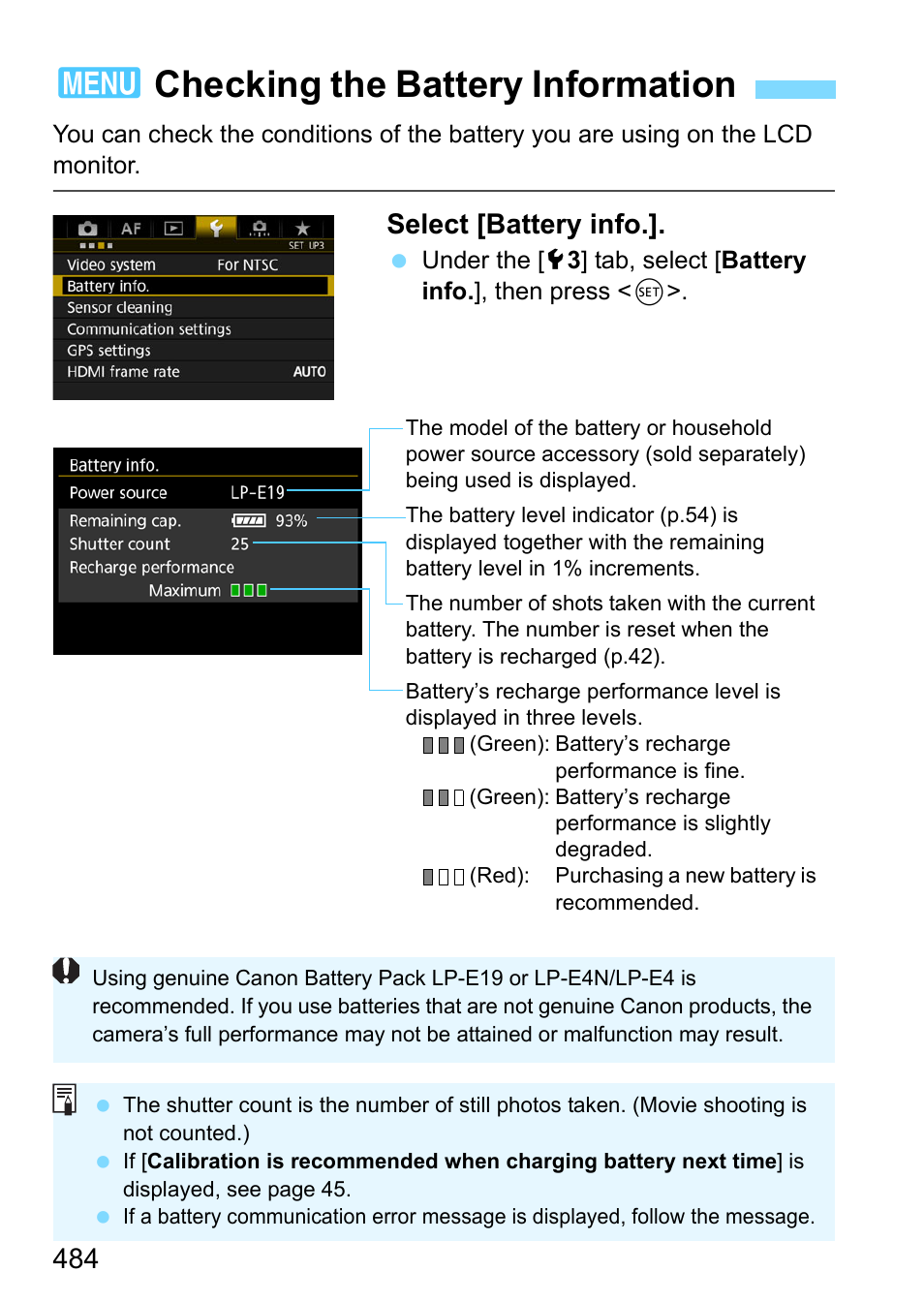 Checking the battery information, 3checking the battery information, Select [battery info | Canon EOS-1D X Mark II DSLR Camera (Body Only) User Manual | Page 484 / 564