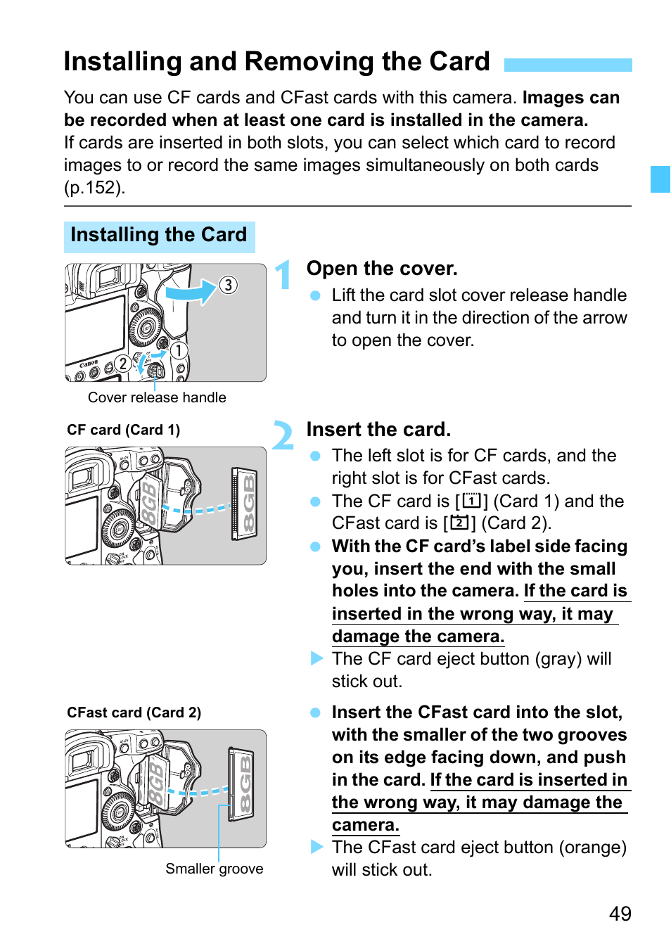 Installing and removing the card | Canon EOS-1D X Mark II DSLR Camera (Body Only) User Manual | Page 49 / 564