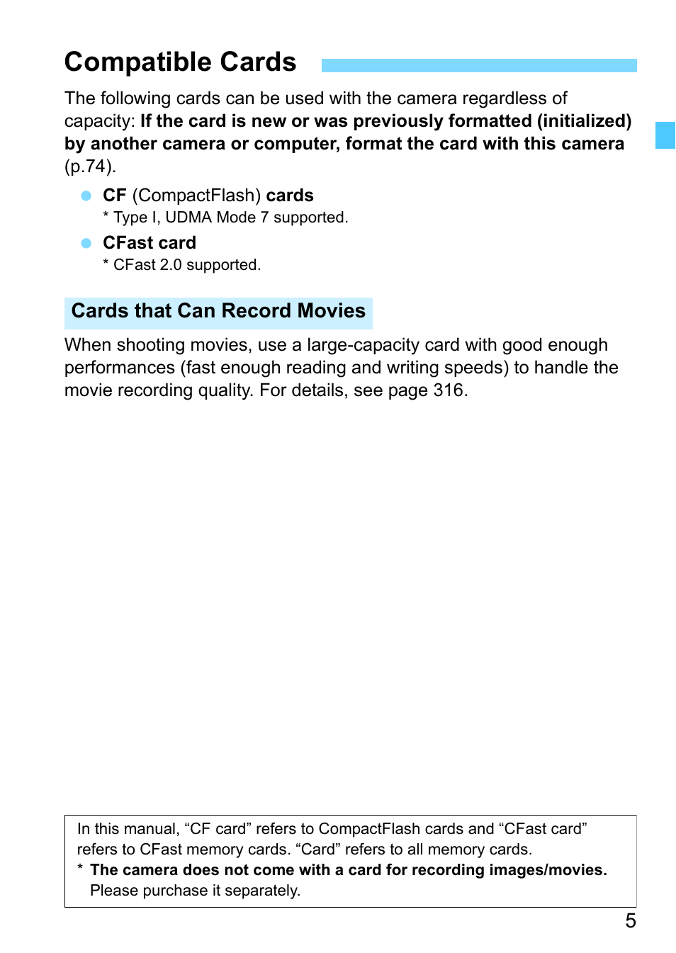 Compatible cards, Cards that can record movies | Canon EOS-1D X Mark II DSLR Camera (Body Only) User Manual | Page 5 / 564