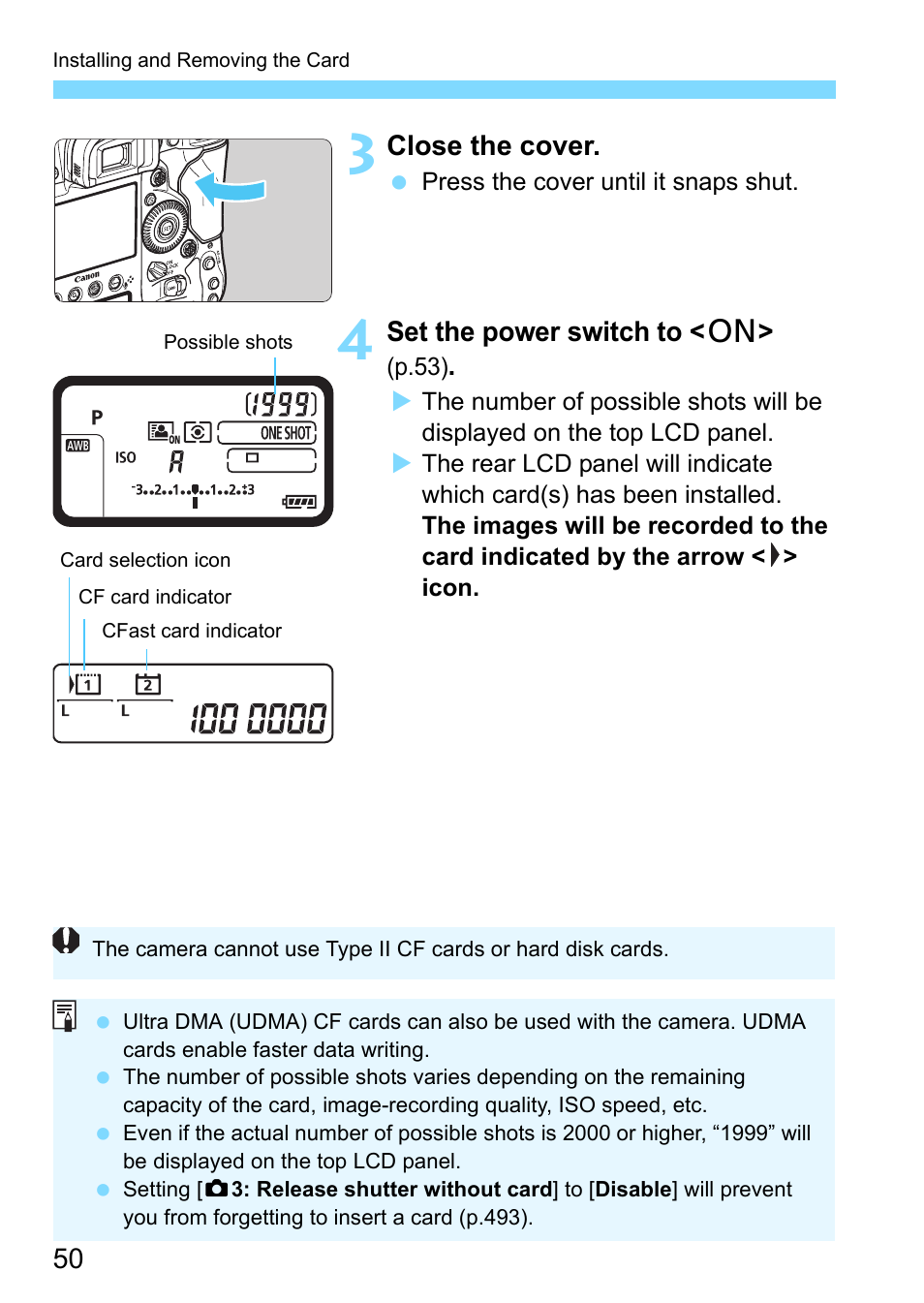 P.50, P.50), Close the cover | Set the power switch to < 1 | Canon EOS-1D X Mark II DSLR Camera (Body Only) User Manual | Page 50 / 564